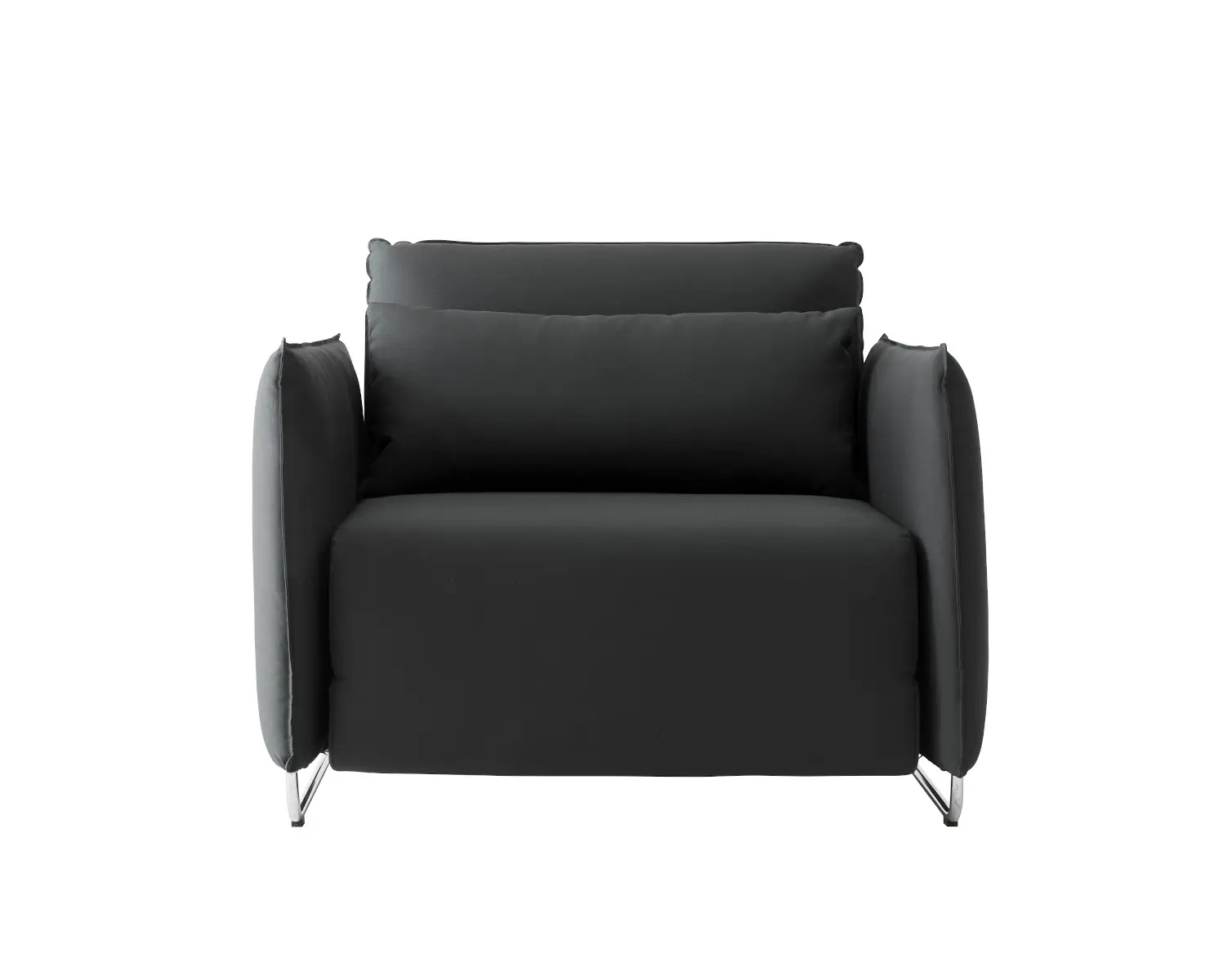 Softline Cord Sessel in Schwarz aus vorderer Perspektive mit gepolsterten Armlehnen, Rückenkissen und filigranem Metallgestell.