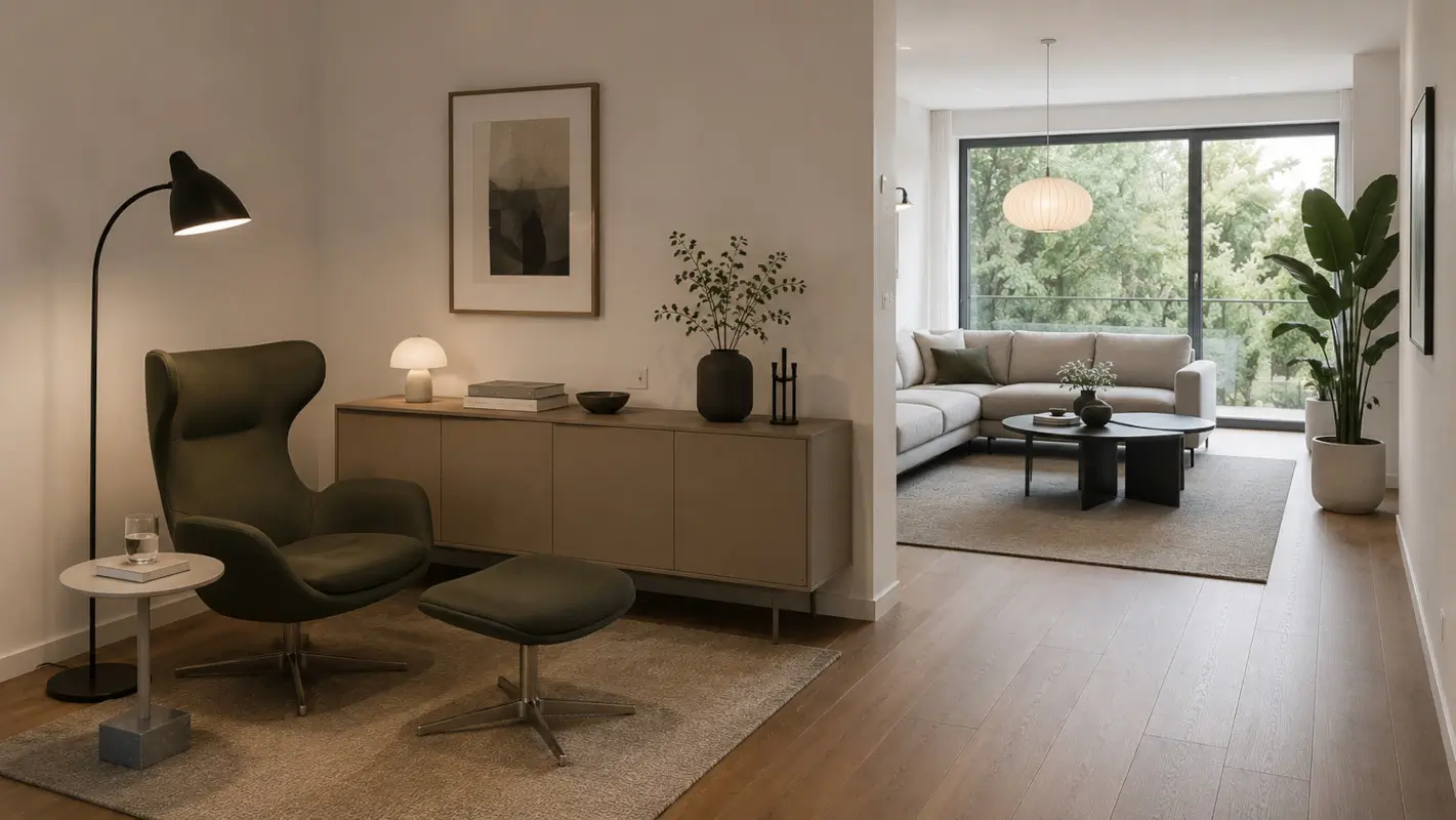 Leseecke im L-förmigen Wohnzimmer mit Sessel, Sideboard und Stehleuchte
