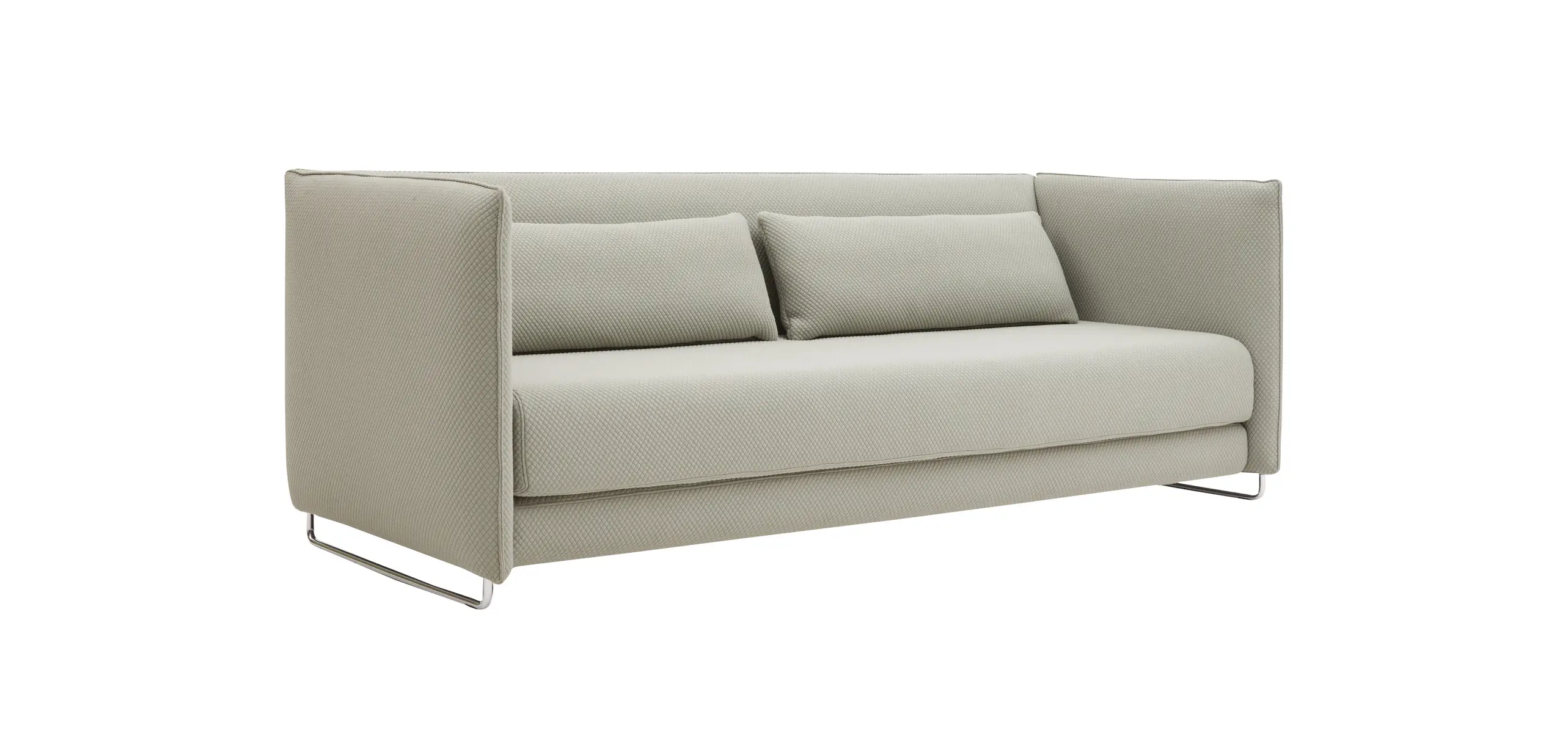 Softline Metro Sofa in Hellgrau aus seitlicher Perspektive mit zwei Rückenkissen, durchgehender Sitzfläche, hohen Armlehnen und Metallfüßen.