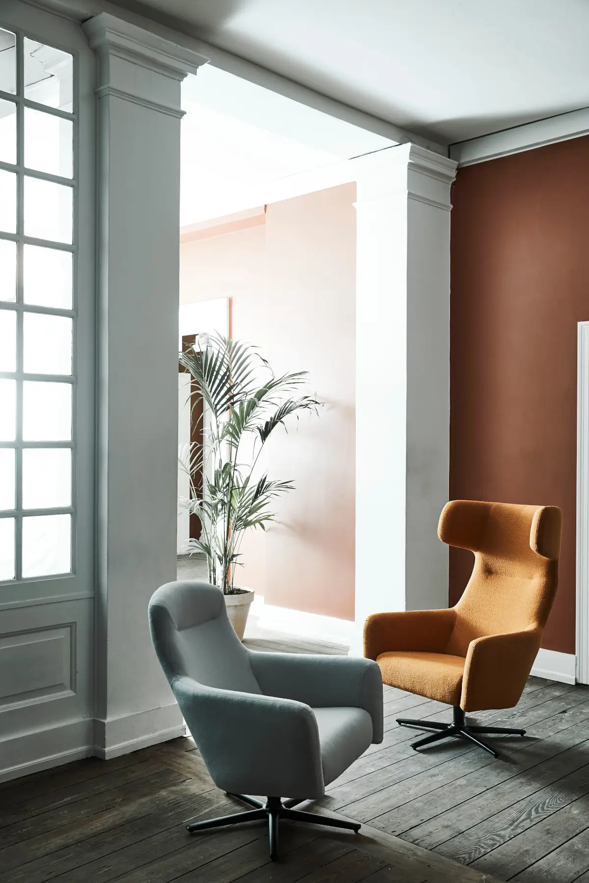 Zwei Softline Havana Low Drehsessel in Grau und Orange in einem hellen Wohnambiente mit großen Fenstern, Holzboden und Zimmerpflanze.