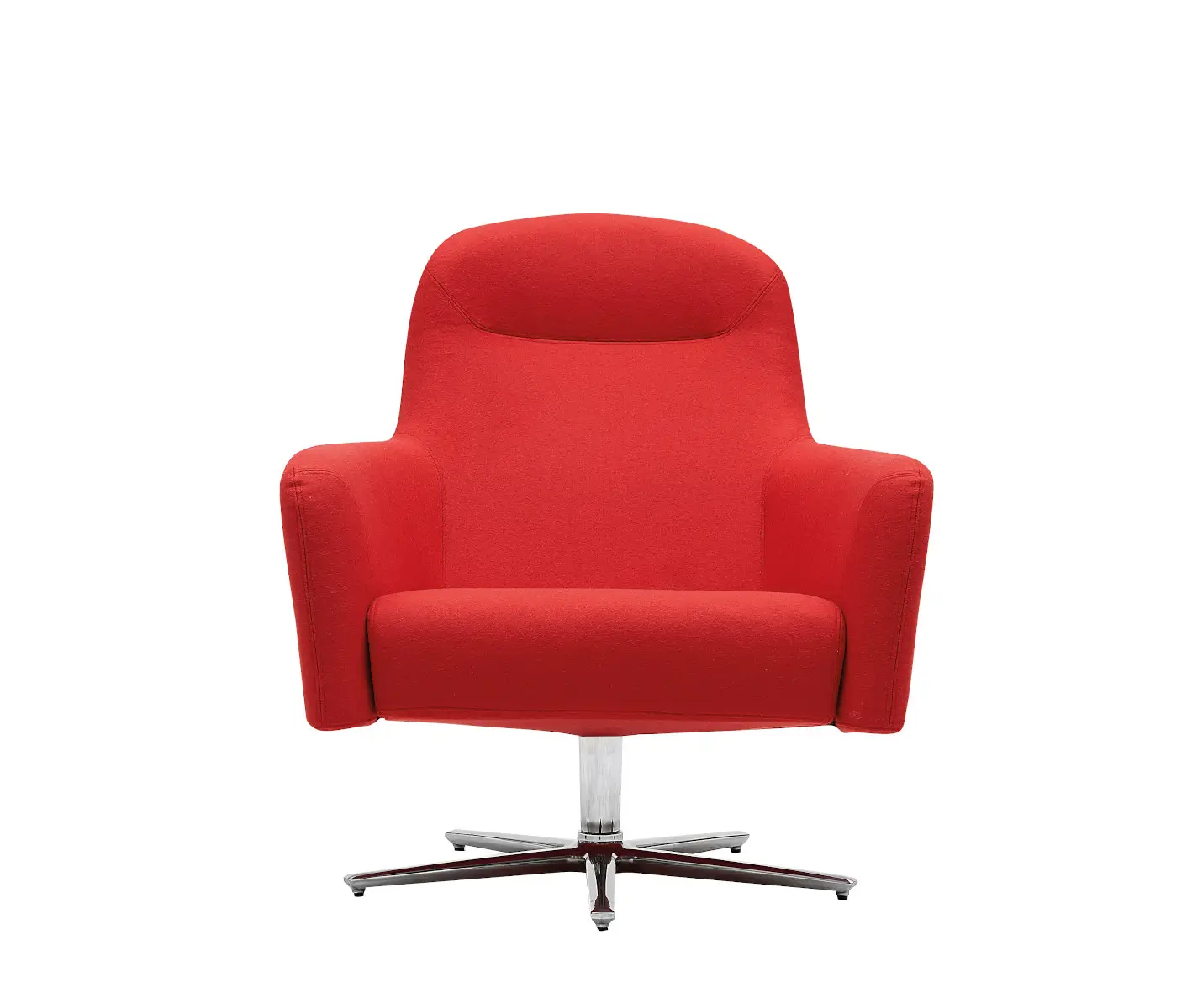 Softline Havana Low Drehsessel in Rot in Vorderansicht mit gepolsterter Rückenlehne, Armlehnen, Sitzkissen und verchromtem Kreuzfuß.