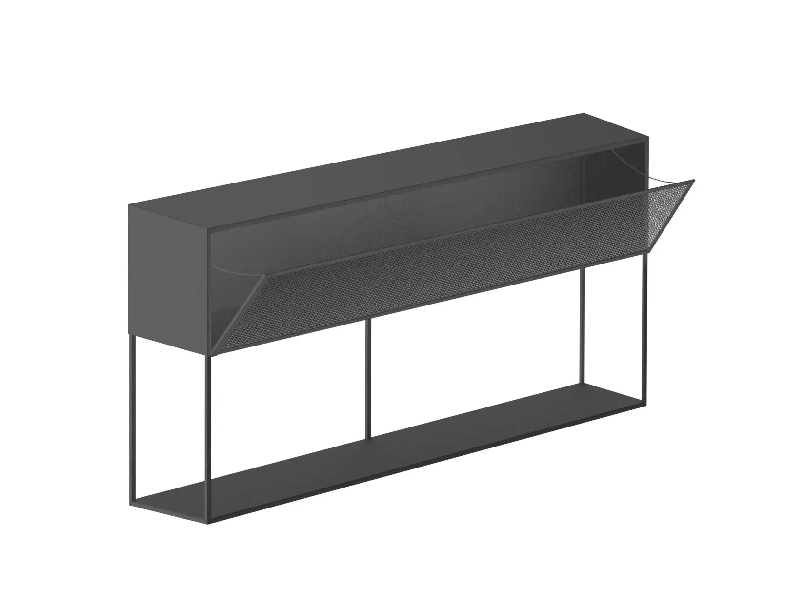 Zeus Tristano Sideboard Grau mit Beleuchtung, geöffneter Front und beleuchtetem Stauraum hinter der Streckmetallfront.