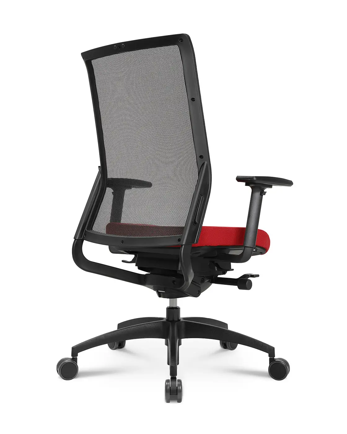 Wagner ErgoMedic 100-2 Bürostuhl mit schwarzer Netzrückenlehne, rotem Sitzpolster und ergonomischer Konstruktion in schräger Rückansicht.