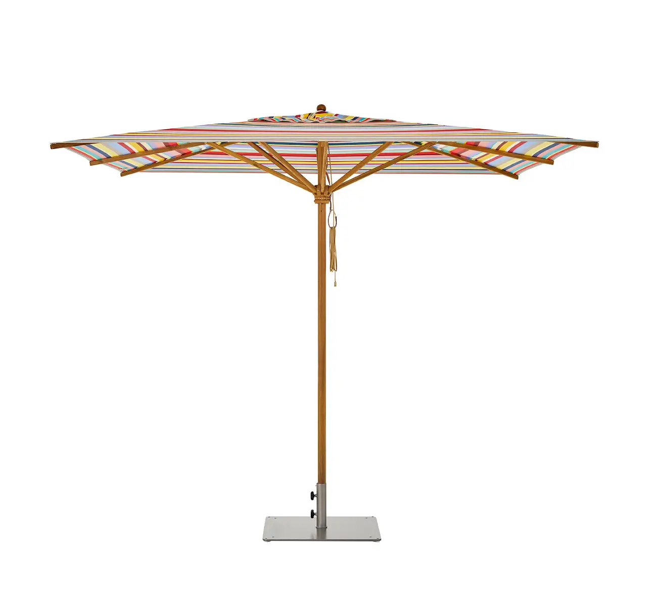 Weishäupl Teakschirm 300 x 300 cm mit farbenfroher Multicolor-Bespannung und Teakholzgestell als Freisteller geöffnet