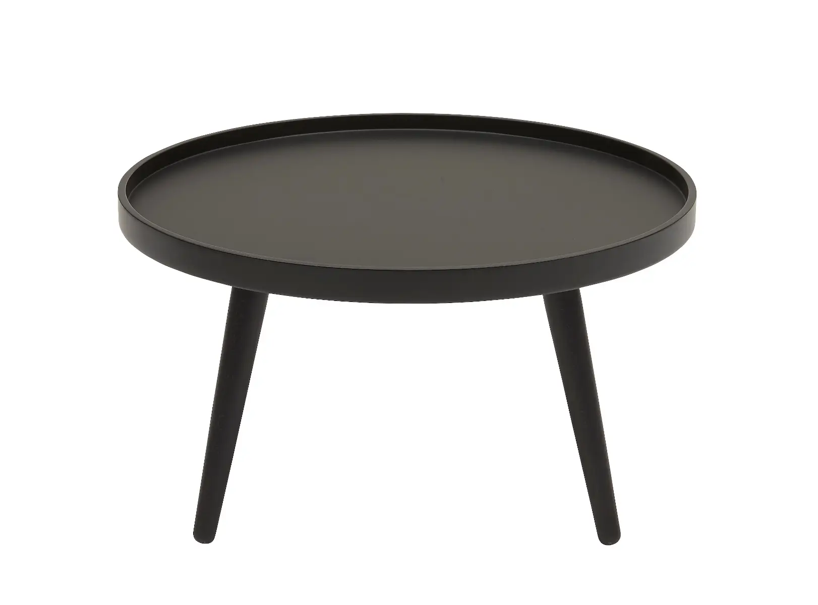 Softline Alma Beistelltisch Large in Schwarz mit runder Tischplatte, erhöhtem Rand und drei schräg ausgestellten Beinen aus vorderer Perspektive.