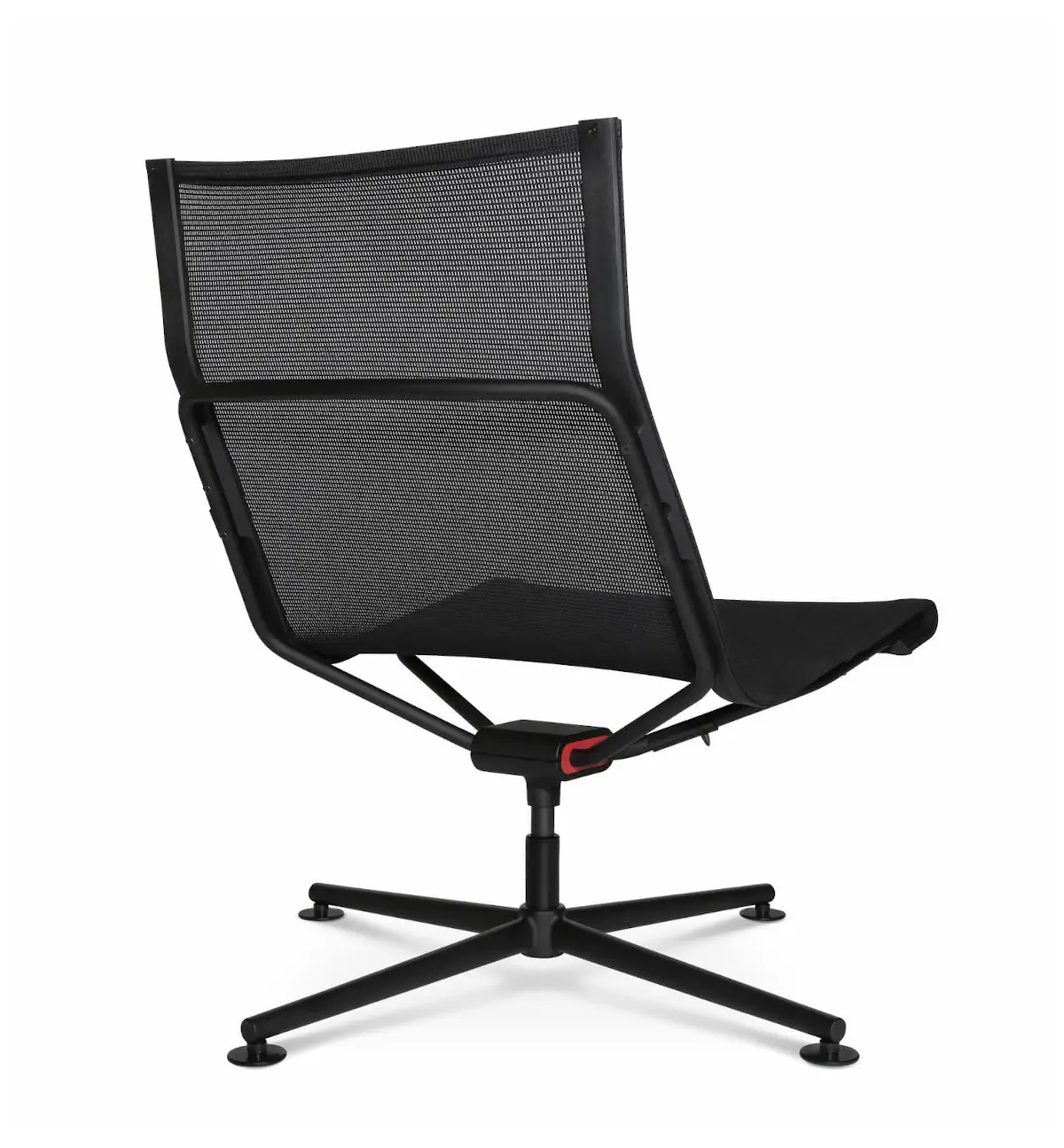 Perspektivische Rückansicht des Wagner d1 Low Lounge Loungesessels in Schwarz mit offenem Netzrücken und Viersternfuß.