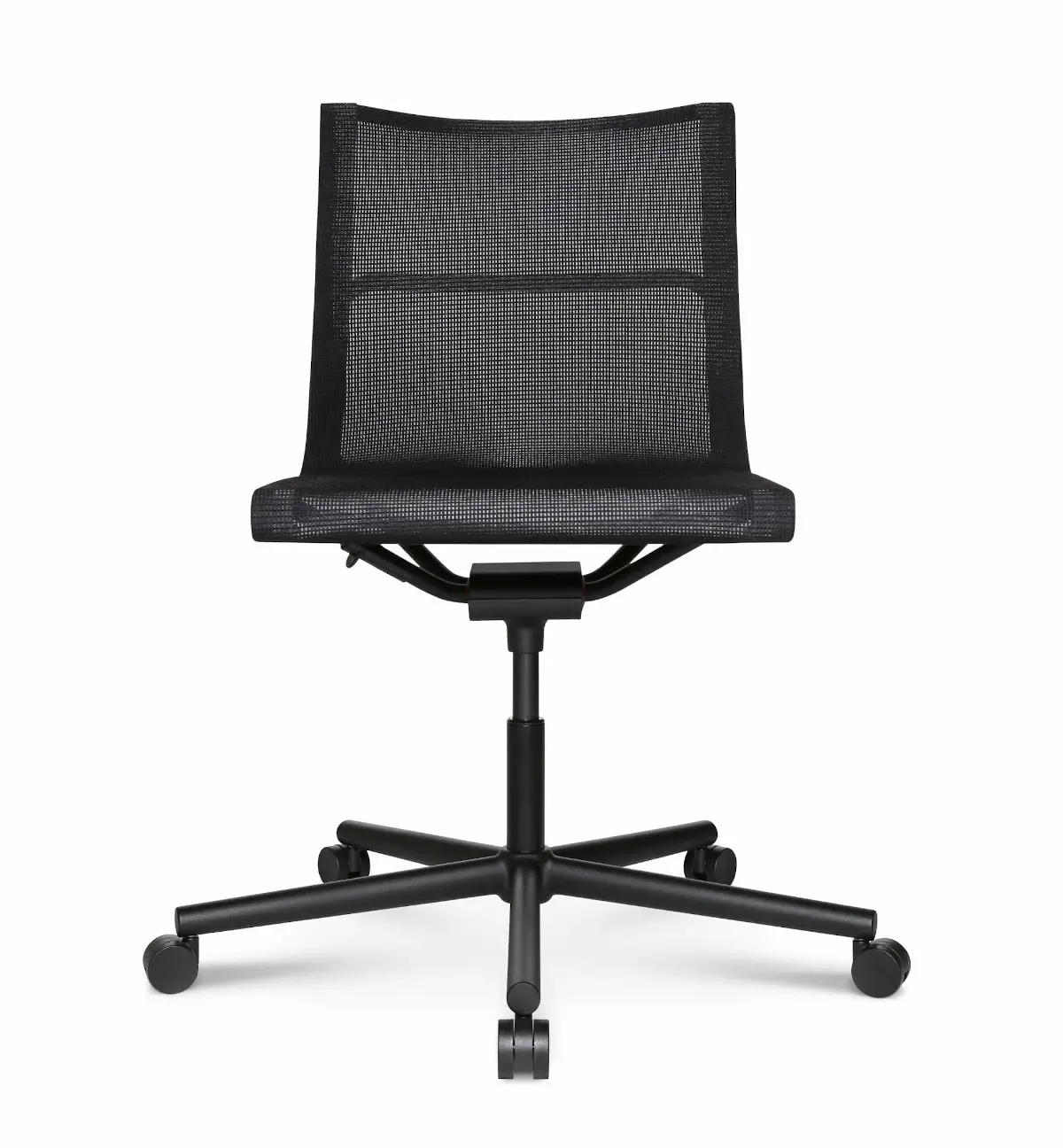Vorderansicht des Wagner d1 Office Arbeitsstuhls ohne Armlehnen mit schwarzer Netzbespannung und schwarzem Rollengestell.
