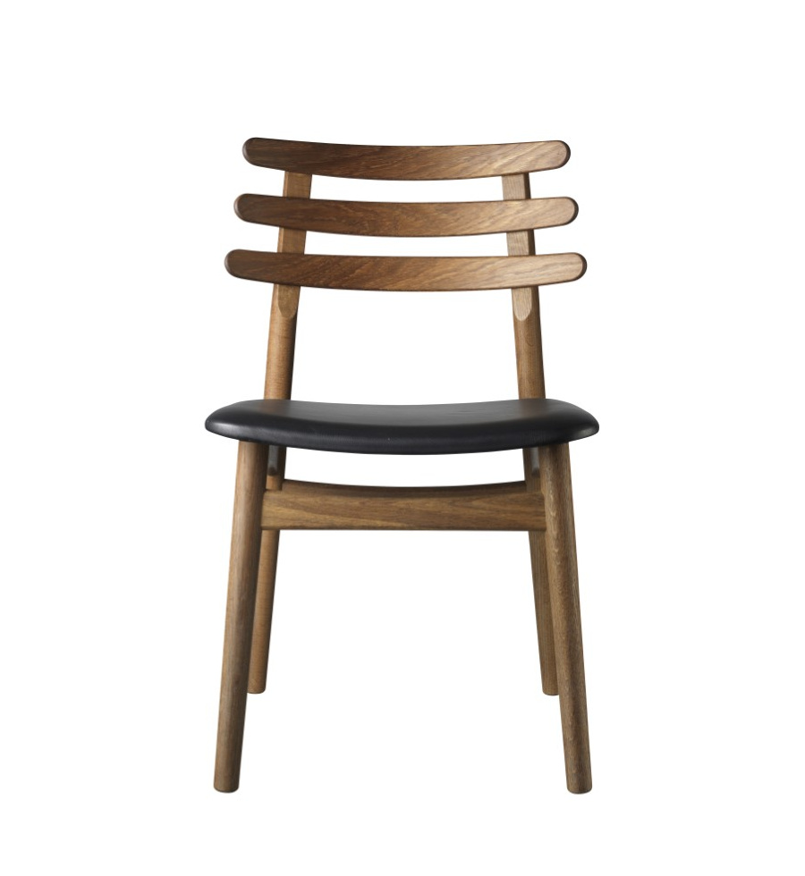 FDB Møbler J48 Stuhl, nordisches Design, ergonomisch, Eiche geräuchert, Leder schwarz, langlebig, funktional