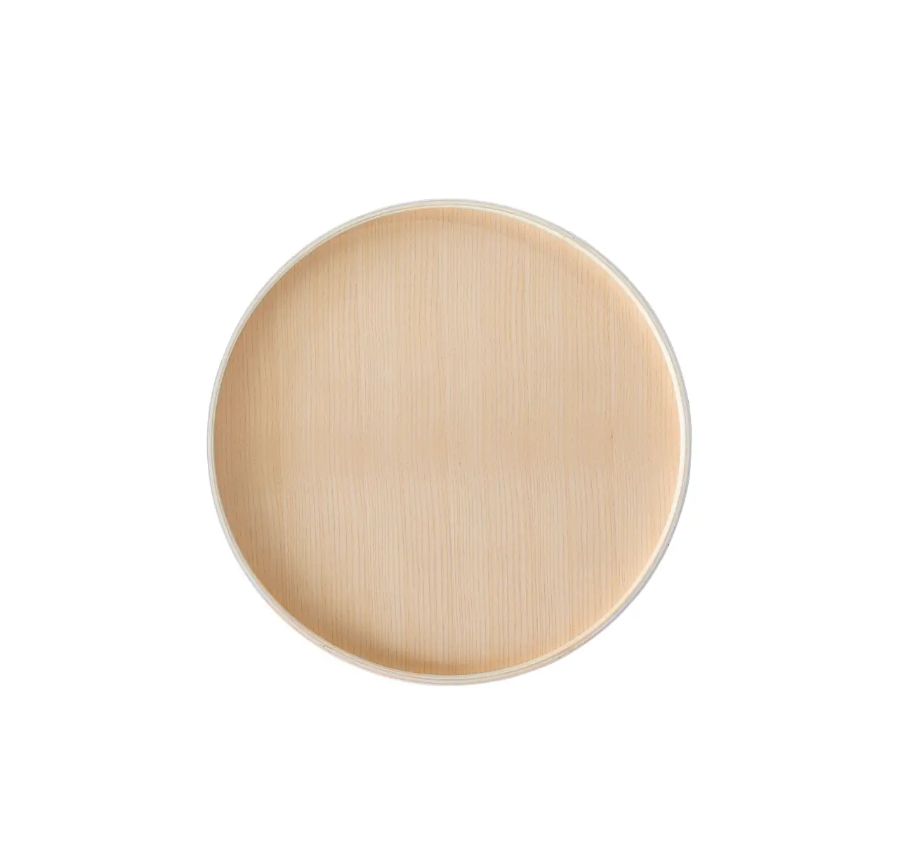Softline Drum Tablett mit 62 cm Durchmesser in Esche Natur aus der Draufsicht mit heller Holzoptik, sichtbarer Maserung und umlaufendem Rand.