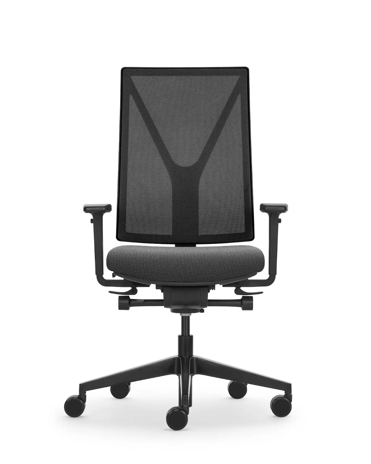 Girsberger Yanos 3D Edition Bürostuhl in Schwarz mit Netzrücken und Armlehnen in der Vorderansicht