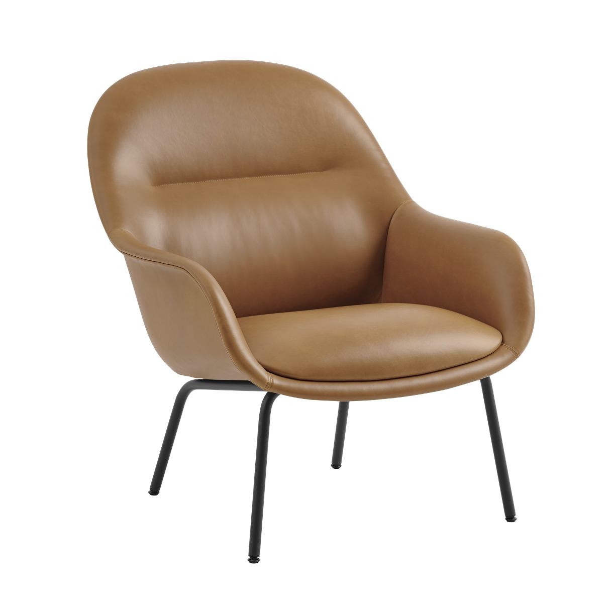 Muuto Fiber Lounge Sessel mit Rohrgestell, cognacfarbenes Refine Leder und schwarzer Basis, moderner Designstuhl