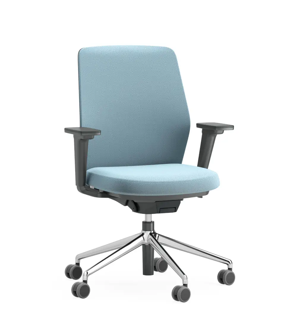 ICF Duo Edge Soft Mid Back Bürostuhl mit mittelhoher, weich gepolsterter Rückenlehne, Armlehnen und Fünfsternfuß auf Rollen.