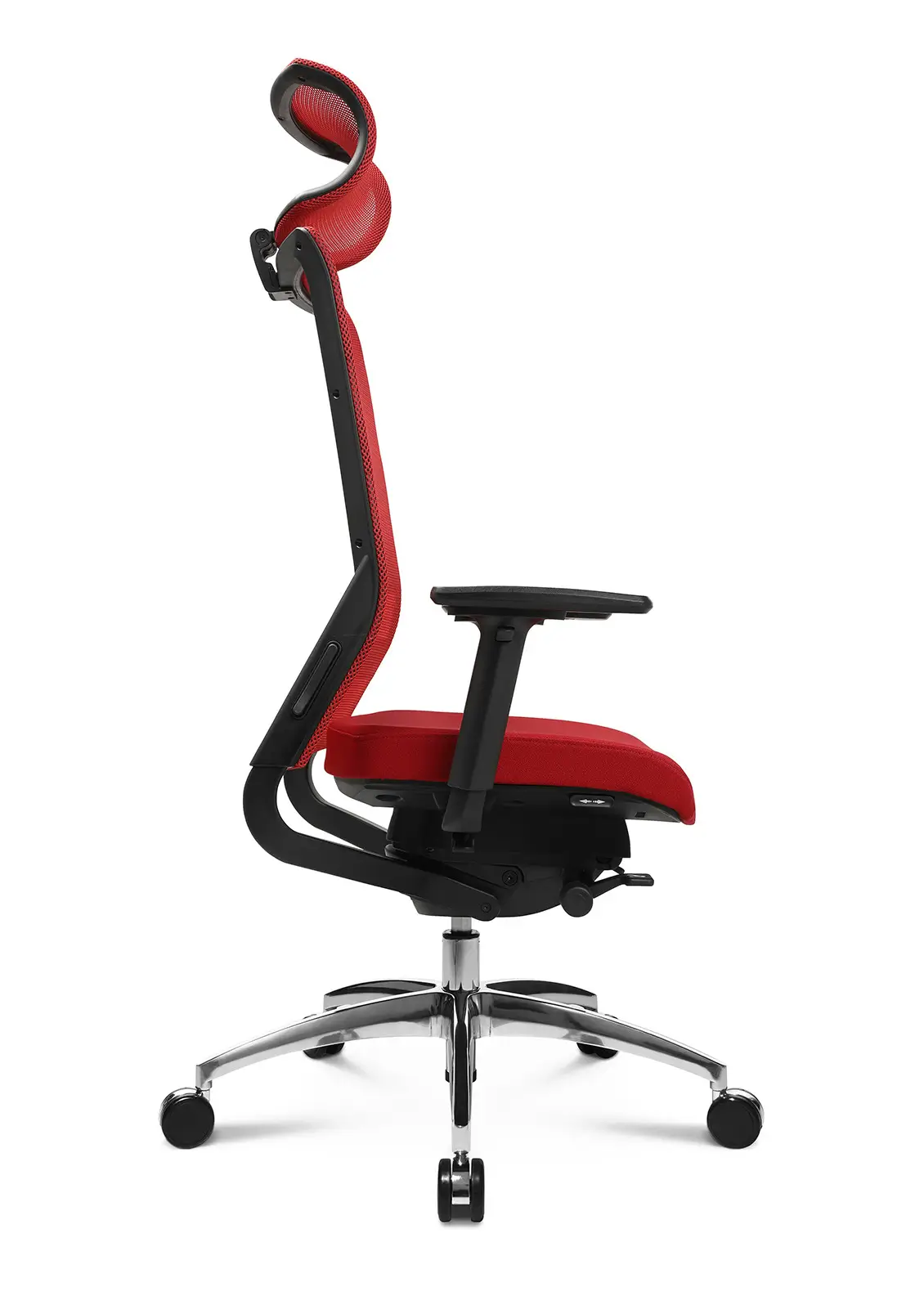 Wagner ErgoMedic 100-1 Bürostuhl mit roter Netzrückenlehne, roter Kopfstütze, gepolstertem Sitz und ergonomischer Mechanik in der Seitenansicht.