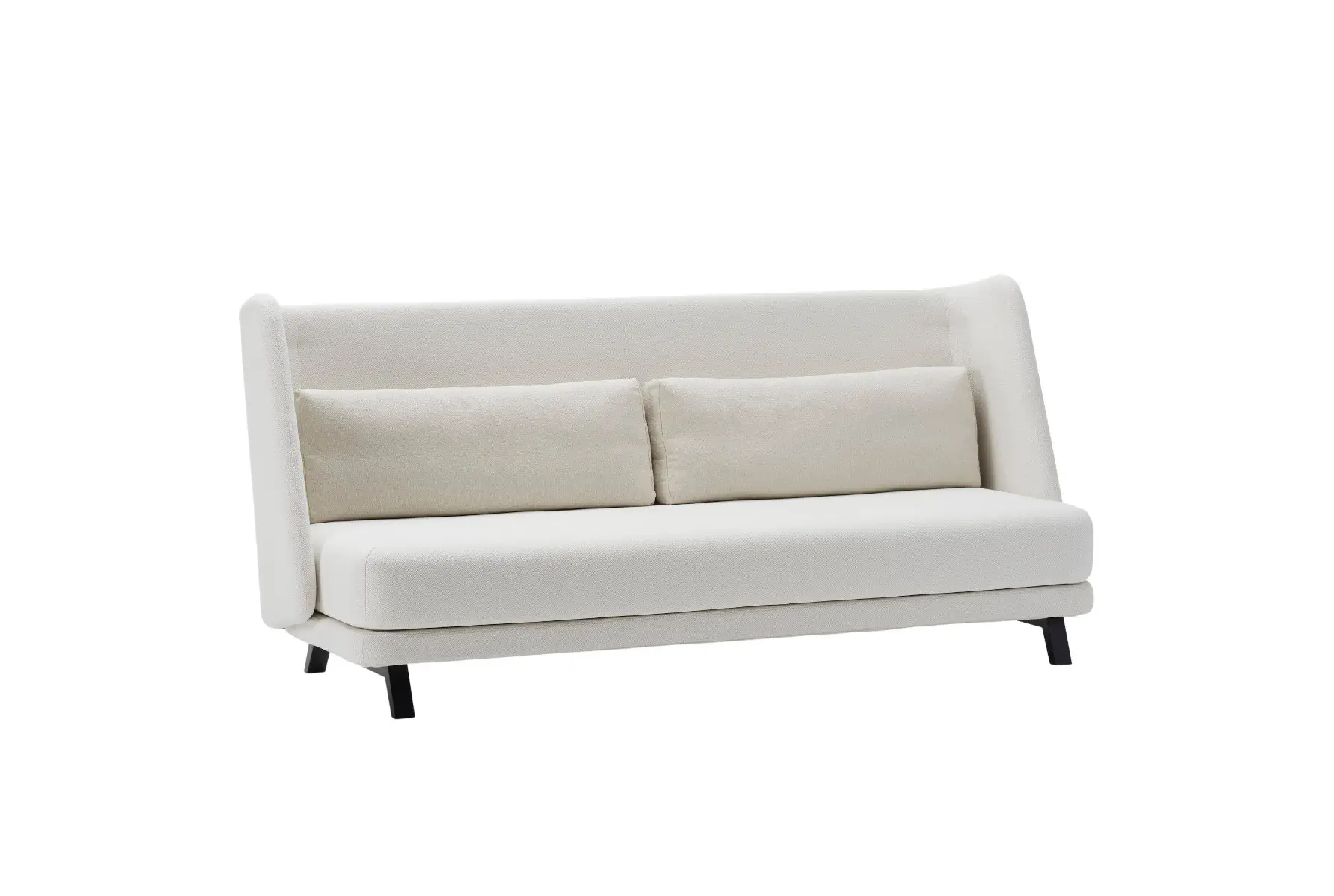Softline Jason Sofa in Weiß aus seitlicher Perspektive mit hoher Rückenlehne, zwei Rückenkissen, gepolsterten Seitenteilen und schwarzen Füßen.