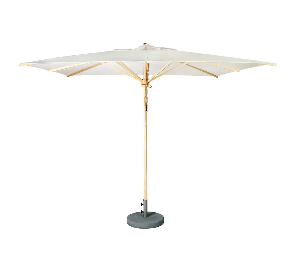 Weishäupl Klassiker Schirm 300 x 300 cm in Weiß als Freisteller mit Holzmast und Betonständer
