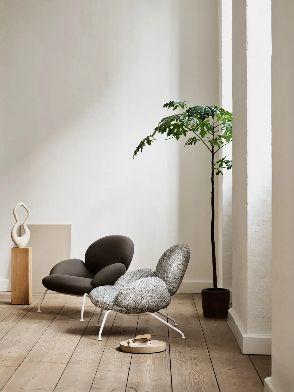Zwei Softline Baixa Sessel in Dunkelgrau und gemustertem Grau mit weißen Metallbeinen in einem hellen Wohnambiente mit Holzboden und Pflanze.