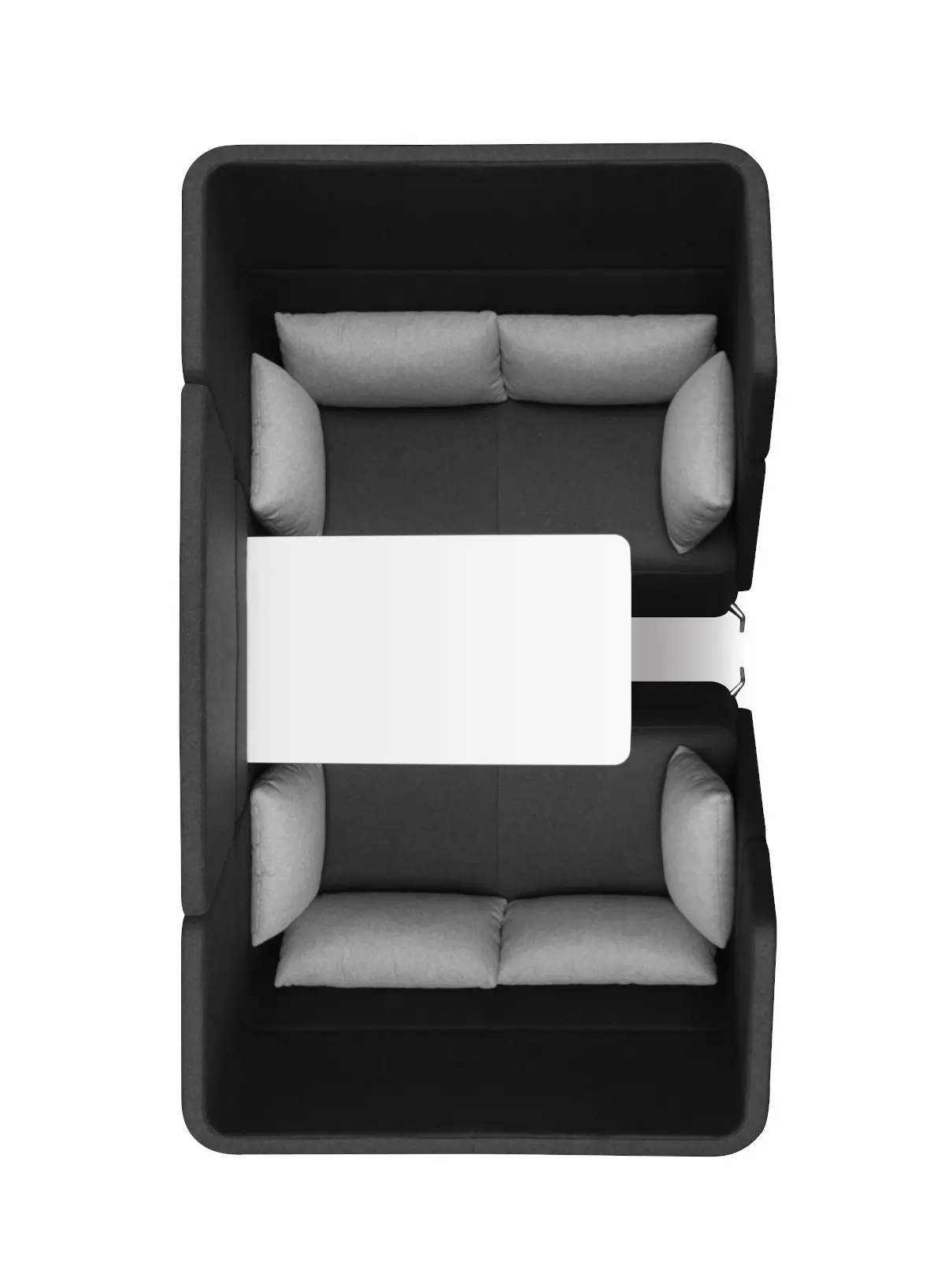 Draufsicht der Wagner W-Lounge Workstation mit zwei Lounge-Sitzbereichen, Akustikabschirmung und zentralem Tisch für Besprechungen.