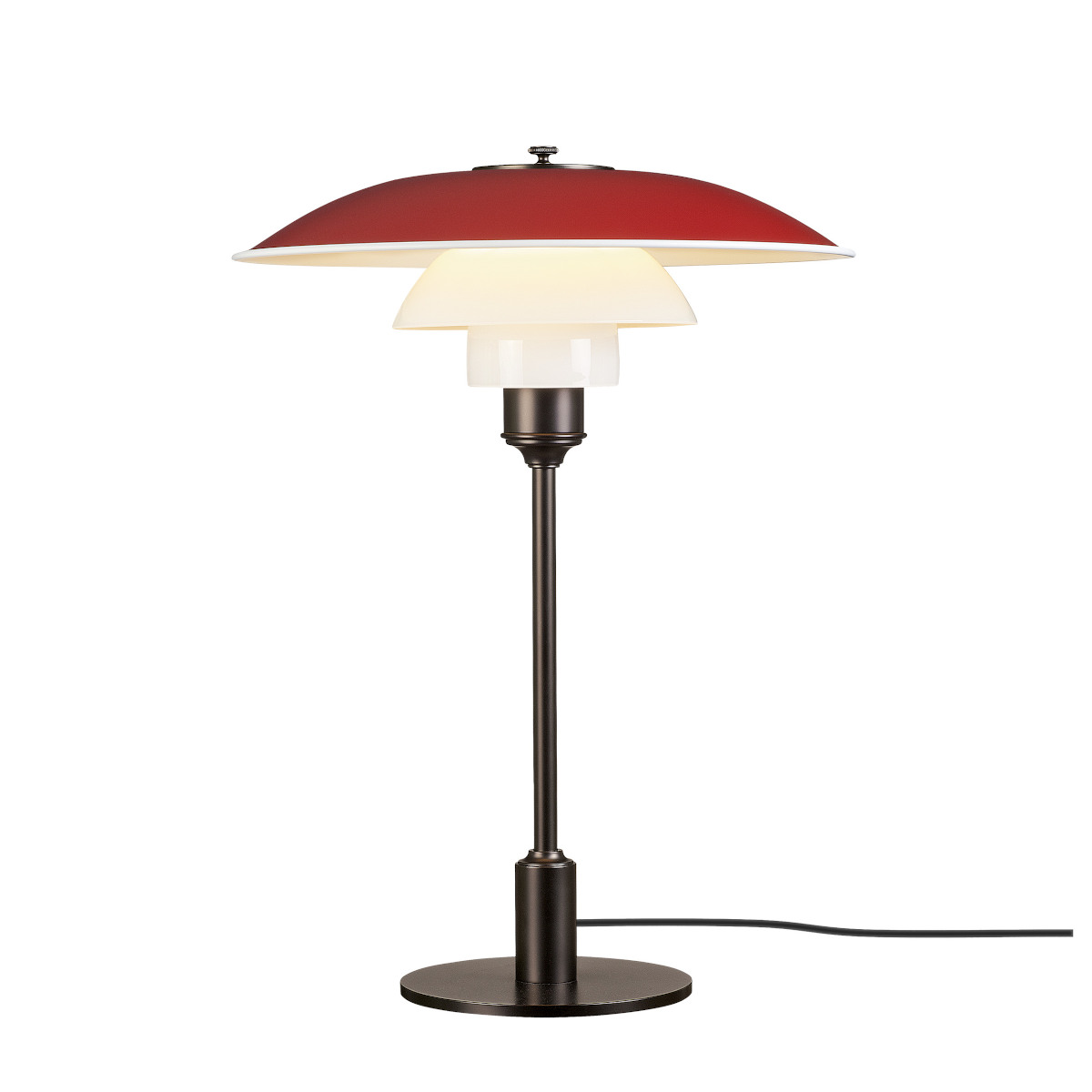 PH 3½-2½ Tischleuchte von Louis Poulsen in Rot, Metall, dänisches Design, blendfreies Licht, ikonische Dreischirmform