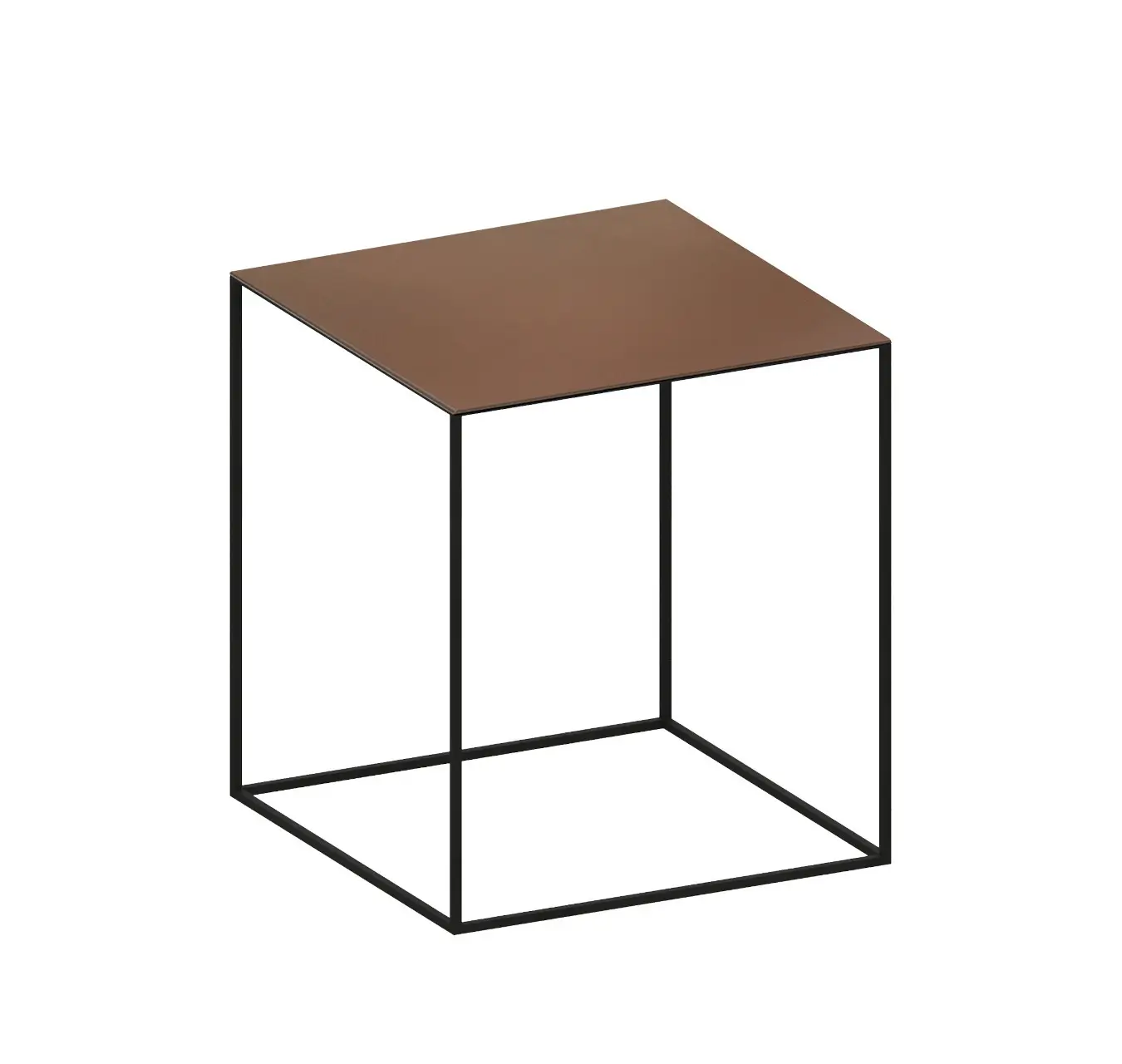 Zeus Slim Irony Beistelltisch 41 × 46 cm mit rostfarbener Tischplatte und kupferschwarzem Stahlgestell.