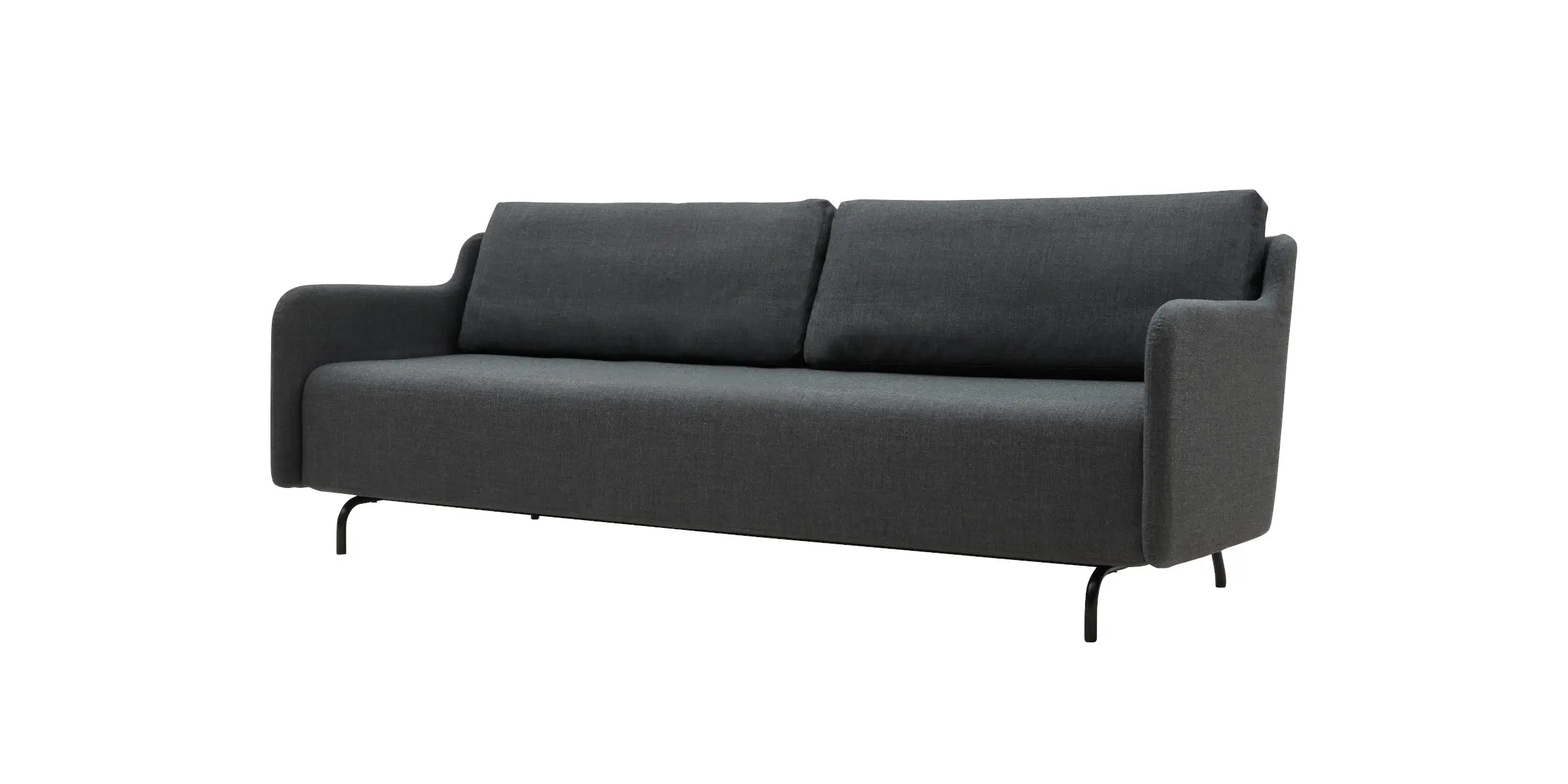 Softline Venus Sofa in Anthrazit aus seitlicher Perspektive mit zwei Rückenkissen, gepolsterten Armlehnen und schlanken schwarzen Füßen.
