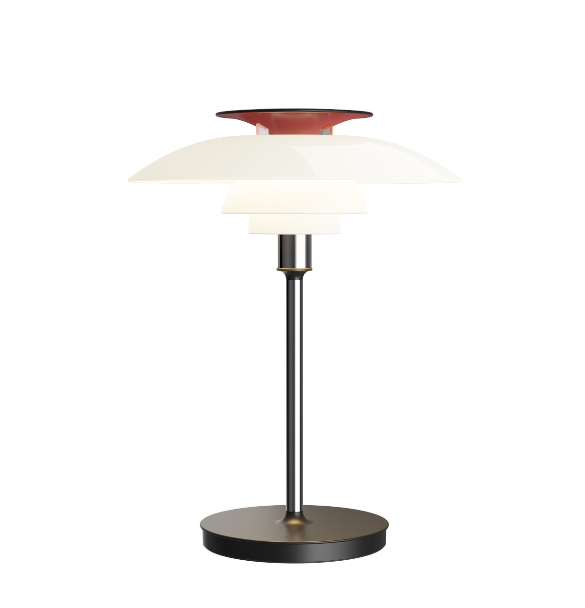 Tragbare Louis Poulsen PH 80 Tischleuchte, opalweiß, chromglänzend, elegant für Ambiente- und Akzentlicht.