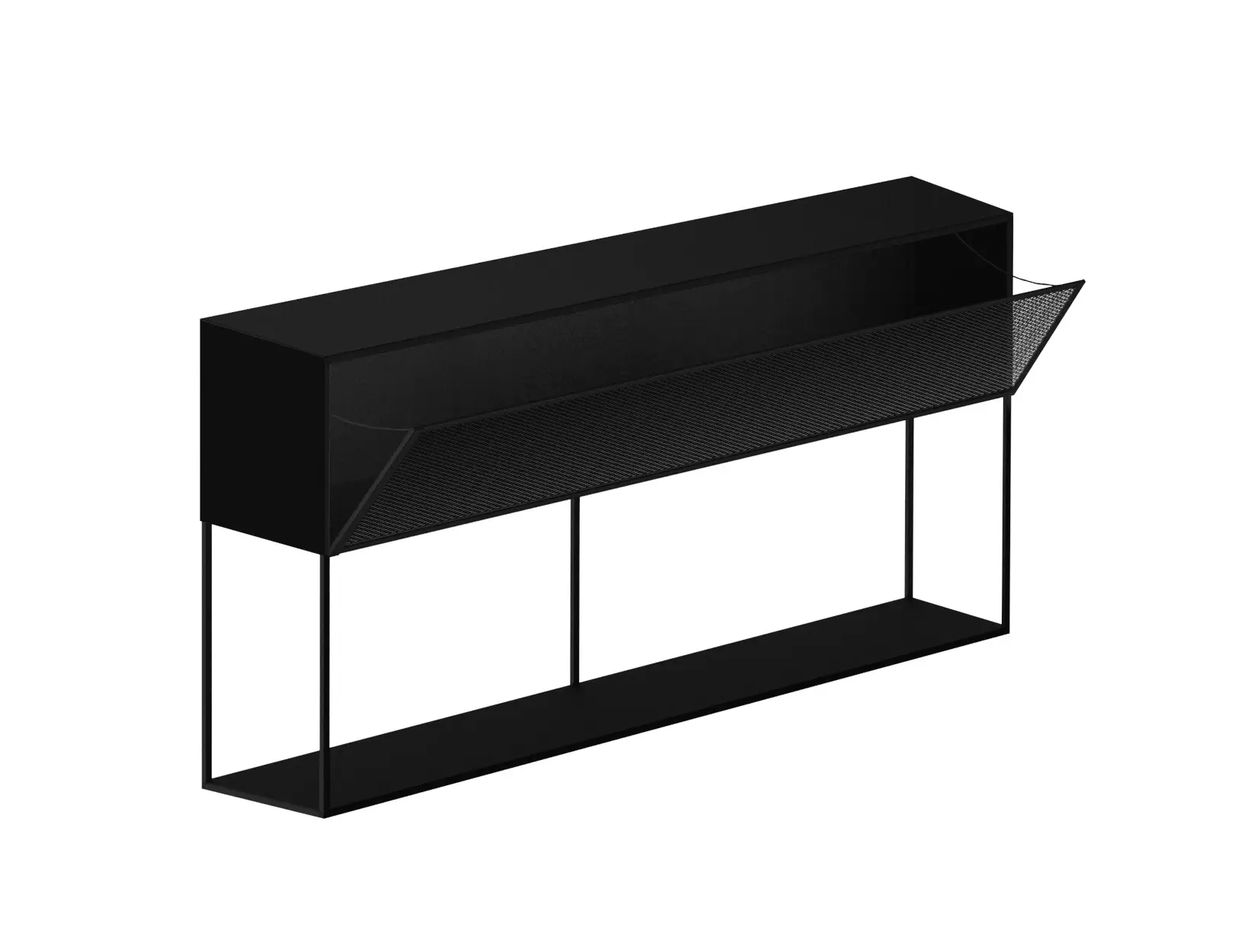 Zeus Tristano Sideboard Kupferschwarz mit geöffneter Front und praktischem Stauraum hinter der Streckmetallfront.