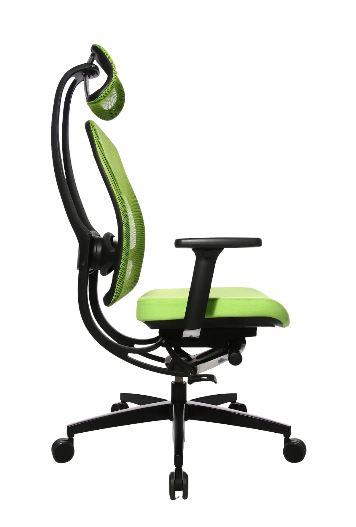 Seitenansicht des Wagner AluMedic 5 Bürostuhls mit Kopfstütze, ergonomischer Bürostuhl mit Netzlehne und gepolstertem Sitz