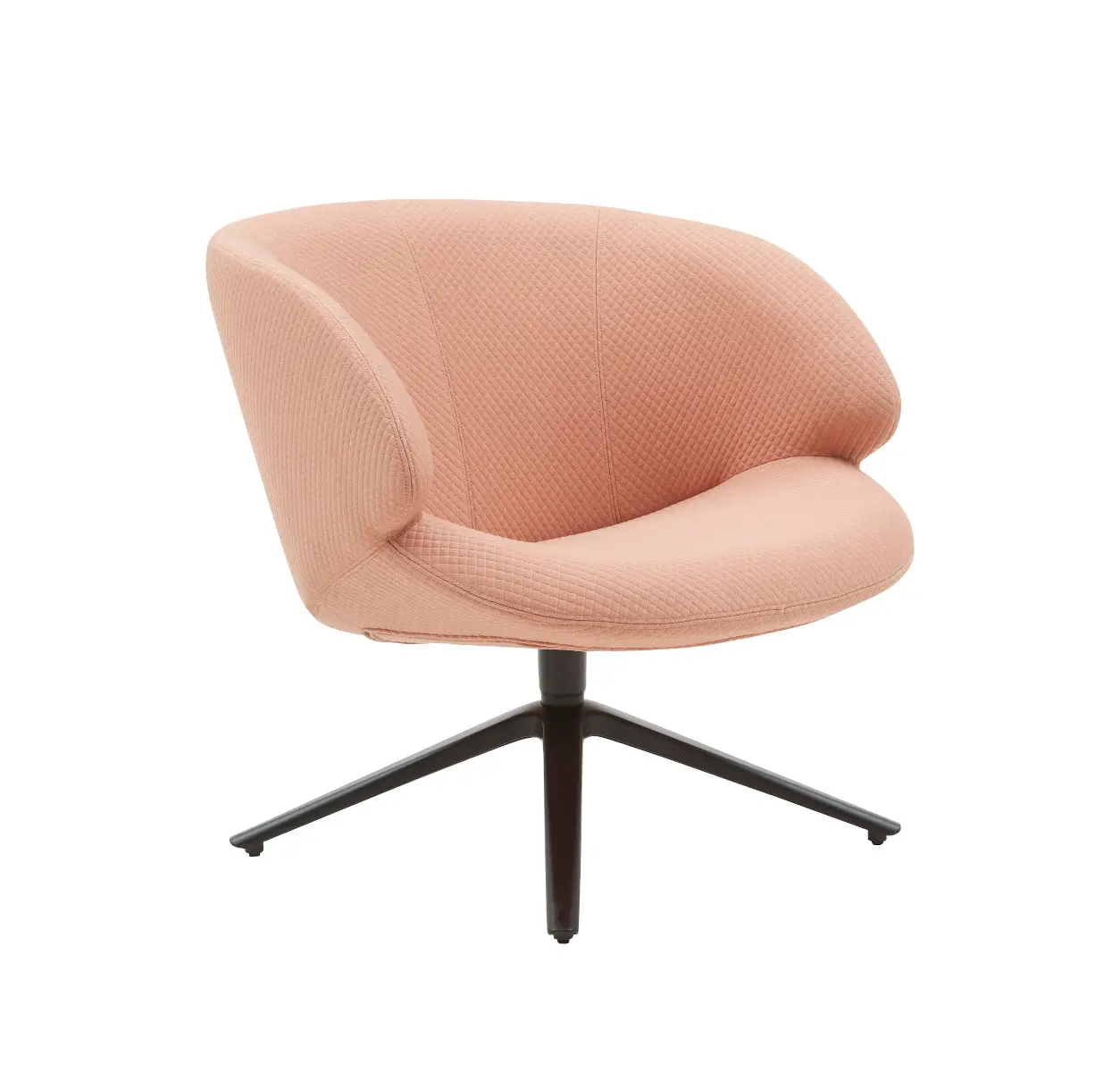 Softline Vista Drehsessel in Rosa aus vorderer Perspektive mit geschwungener gepolsterter Sitzschale, strukturiertem Bezug und schwarzem Kreuzfuß.