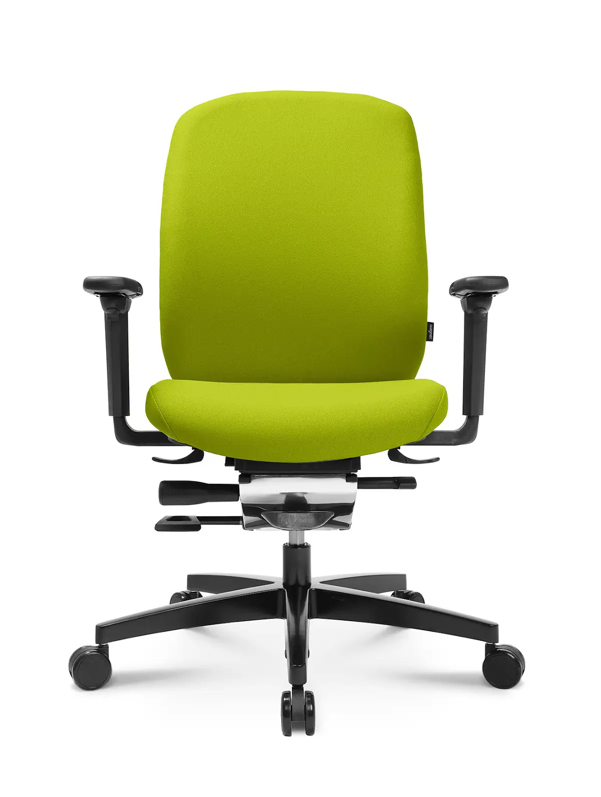 Frontansicht des Wagner AluMedic 15 Bürostuhls mit ergonomischer Rückenlehne, grünem Stoffbezug und schwarzen Armlehnen.