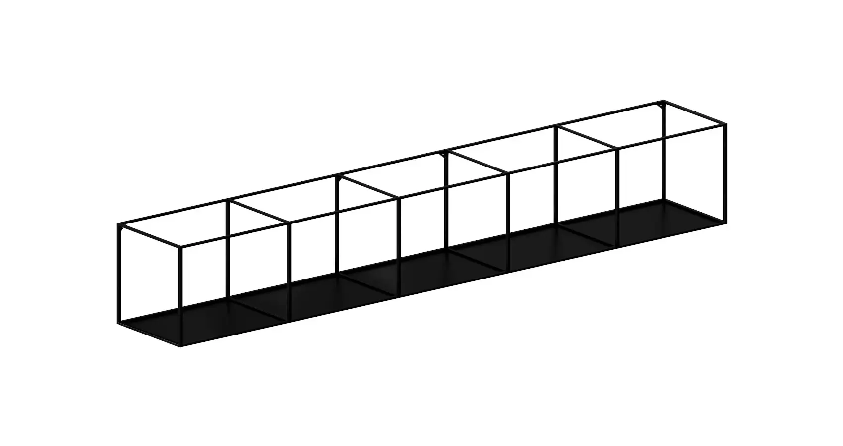 Zeus Slim Irony Wandregal 206 × 31 cm in kupferschwarz mit sechs offenen Fächern aus Stahl für eine moderne Wandgestaltung.