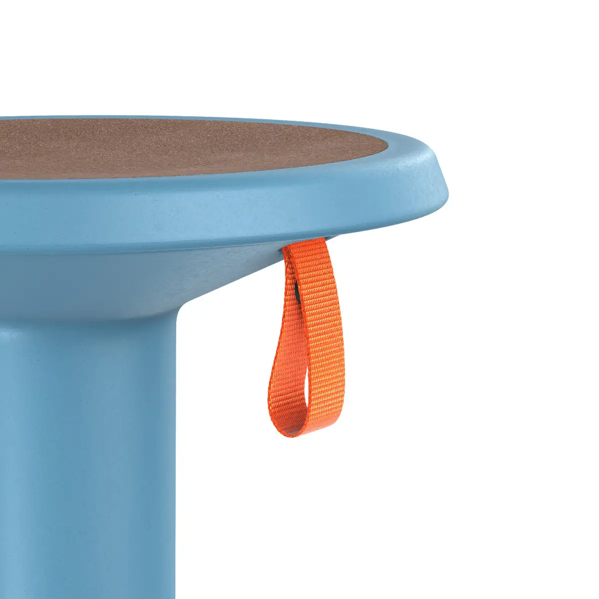 Interstuhl ECO UP Sitzhocker Pastellblau mit Detailansicht der Sitzfläche und Griffschlaufe