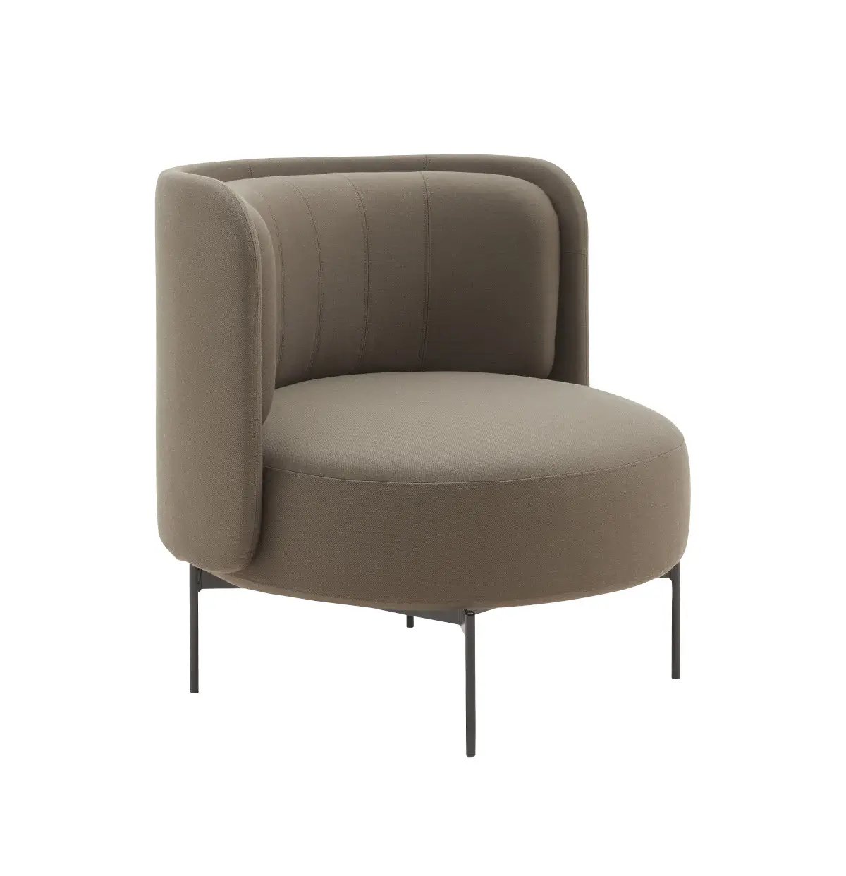 Softline Joe Sessel Niedrig in Taupe aus vorderer Perspektive mit gerundeter Sitzfläche, umlaufender Rückenlehne und schlanken dunklen Metallfüßen.