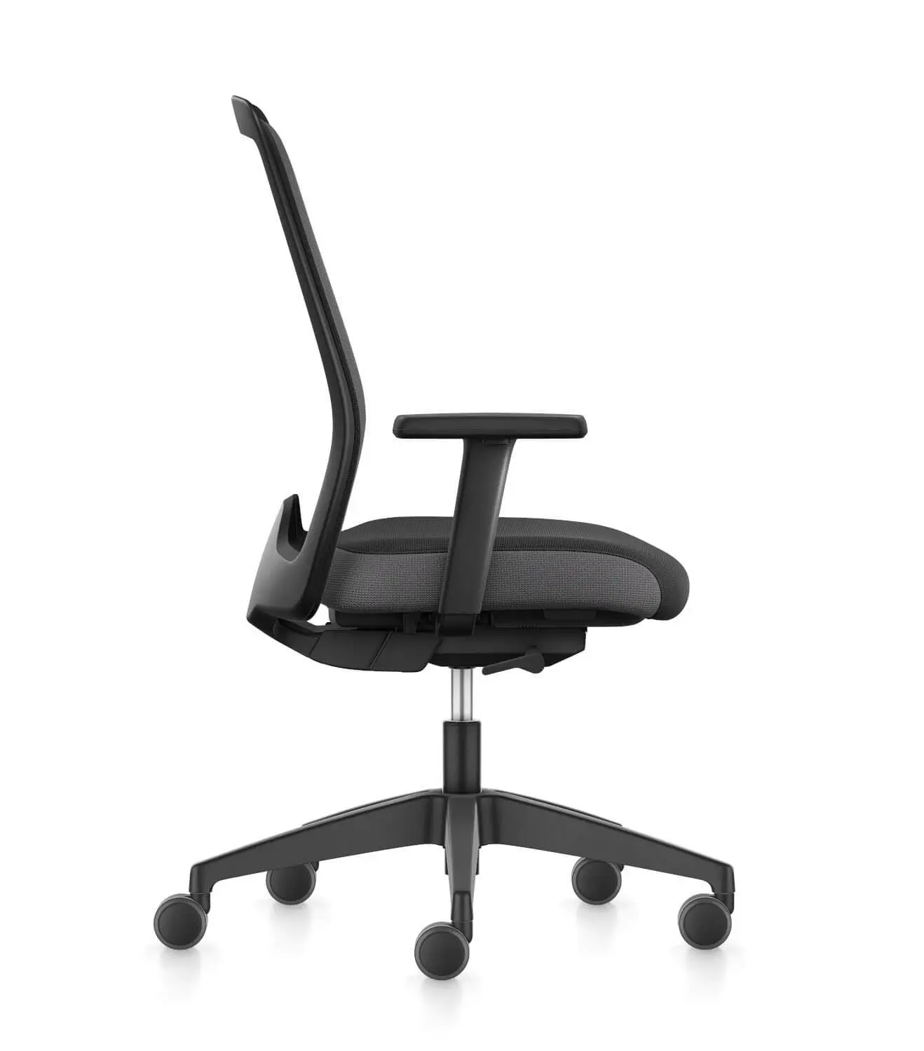 Interstuhl EVERY EV256 Bürostuhl in Schwarz mit Netzrücken und Armlehnen in linker Seitenansicht