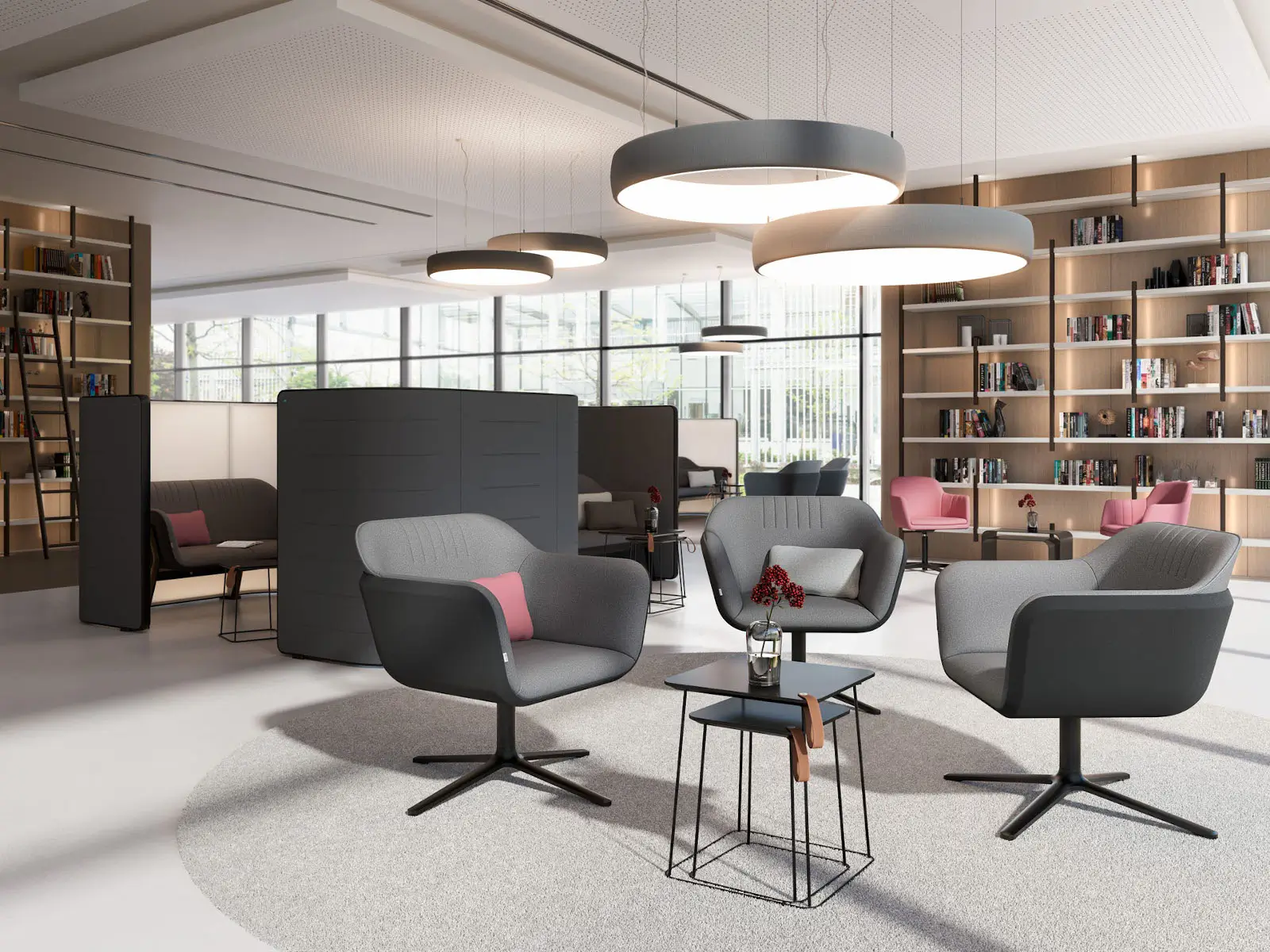 Interstuhl HUB HU273 Besprechungs-Pod als geschützter Meetingbereich in einer modernen Büro-Lounge mit Sitzgruppen und Kommunikationszonen