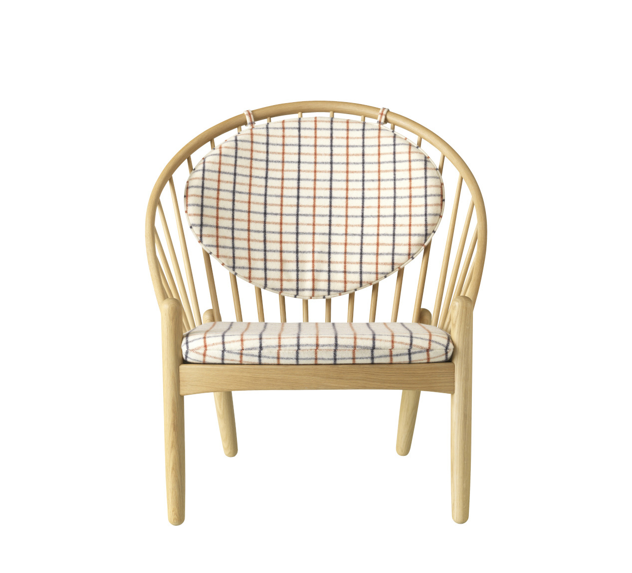 FDB Møbler J166 Jørna Sessel, ergonomisch, Eiche natur, rotkarierte Pferdedecke, nachhaltig, nordisches Design