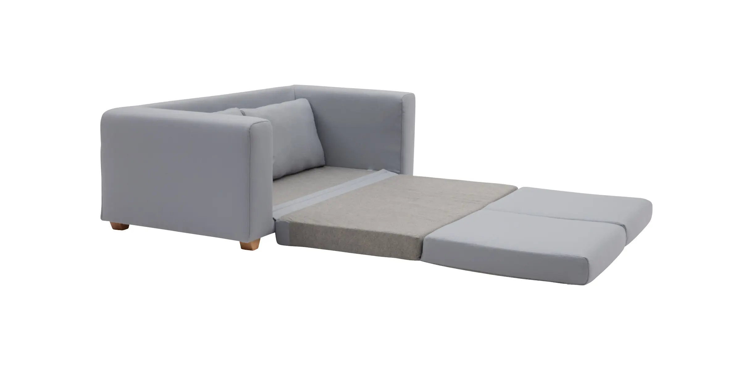 Softline Victor Sofa 2,5-Sitzer in Grau mit vollständig ausgezogener Liegefläche und aufgeklappten Sitzpolstern, seitlich aus erhöhter Perspektive gezeigt.