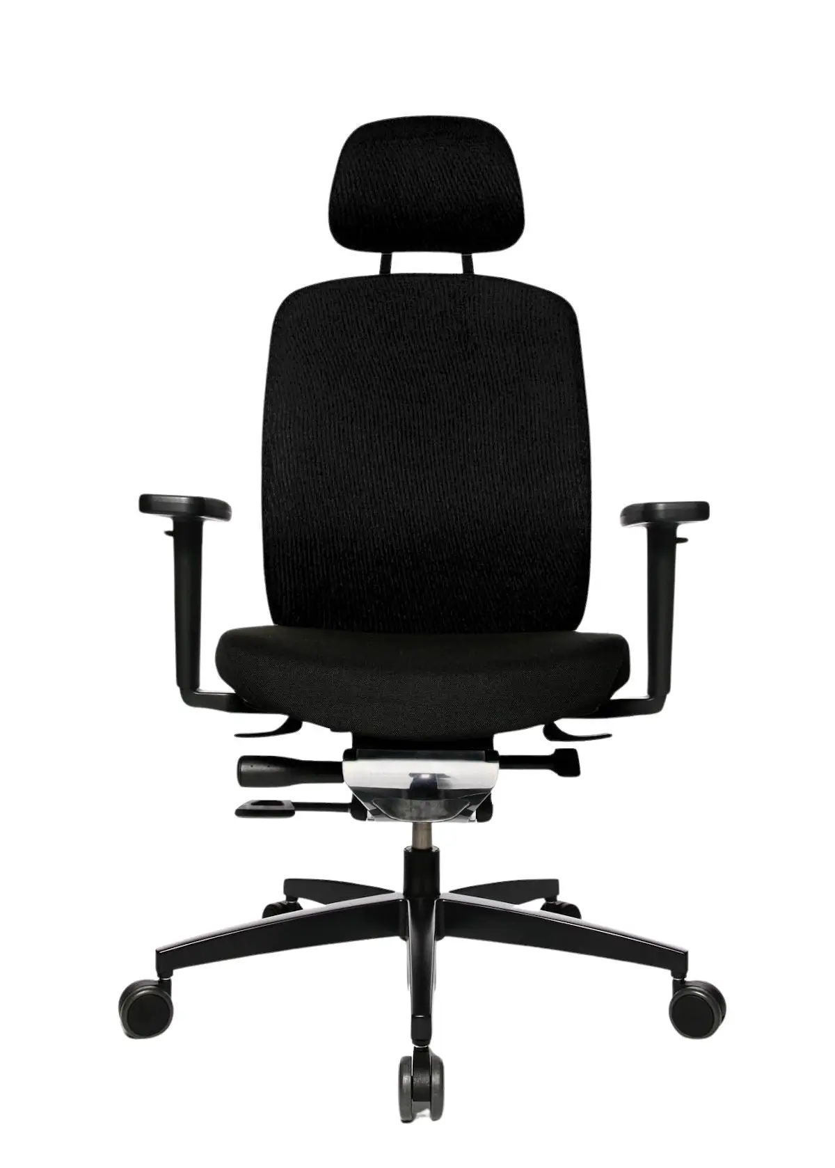 Frontansicht des Wagner AluMedic 15 Bürostuhls mit Kopfstütze, ergonomischer Rückenlehne, schwarzem Stoffbezug und schwarzen Armlehnen.