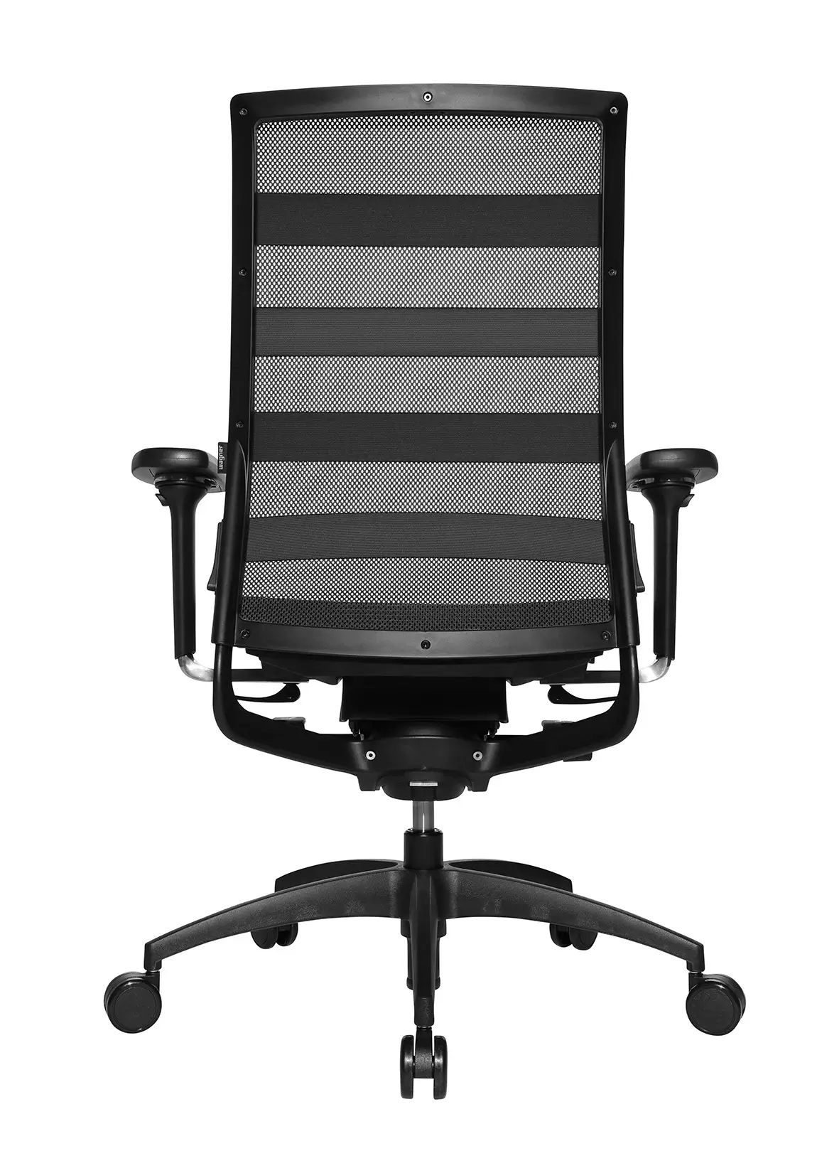 Wagner ErgoMedic 100-1 Bürostuhl mit schwarzer Netzrückenlehne, schwarzen Armlehnen und schwarzem Fußkreuz in der Rückansicht.