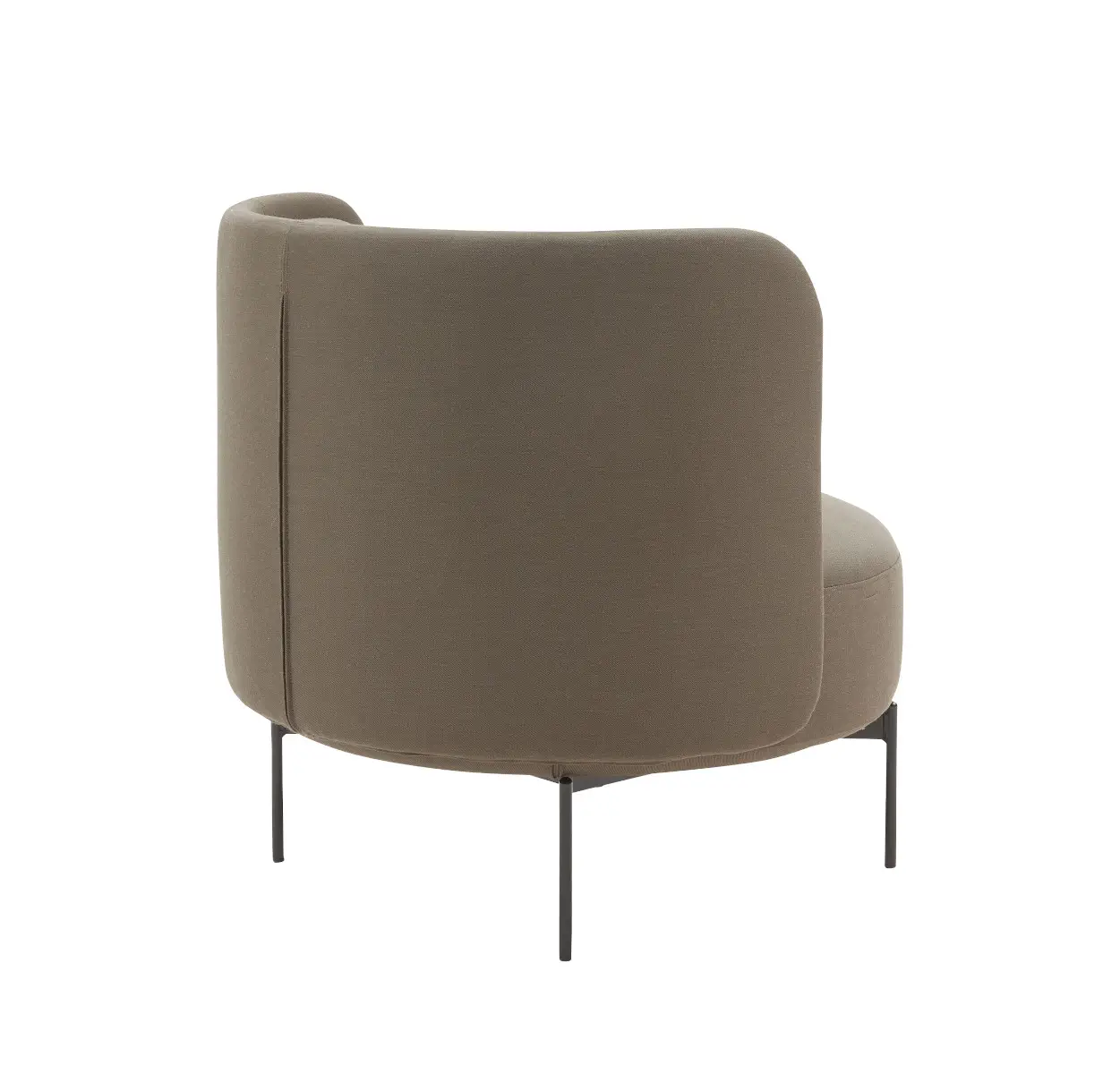 Softline Joe Sessel Niedrig in Taupe aus rückwärtiger Perspektive mit weich gerundeter, vollständig gepolsterter Rückenlehne und dunklen Metallfüßen.