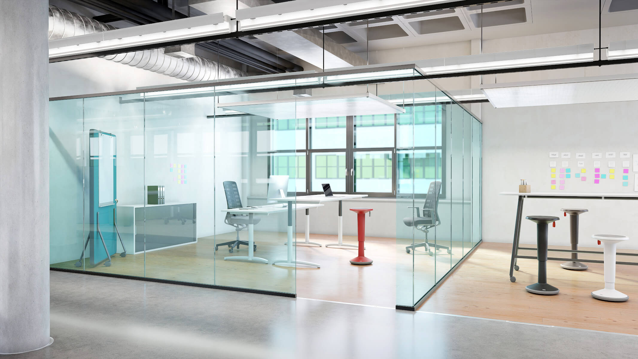 Mobiler UP Sitzhocker von Interstuhl mit Tragegriff, ideal für flexible Arbeitsbereiche und kreative Umgebungen.