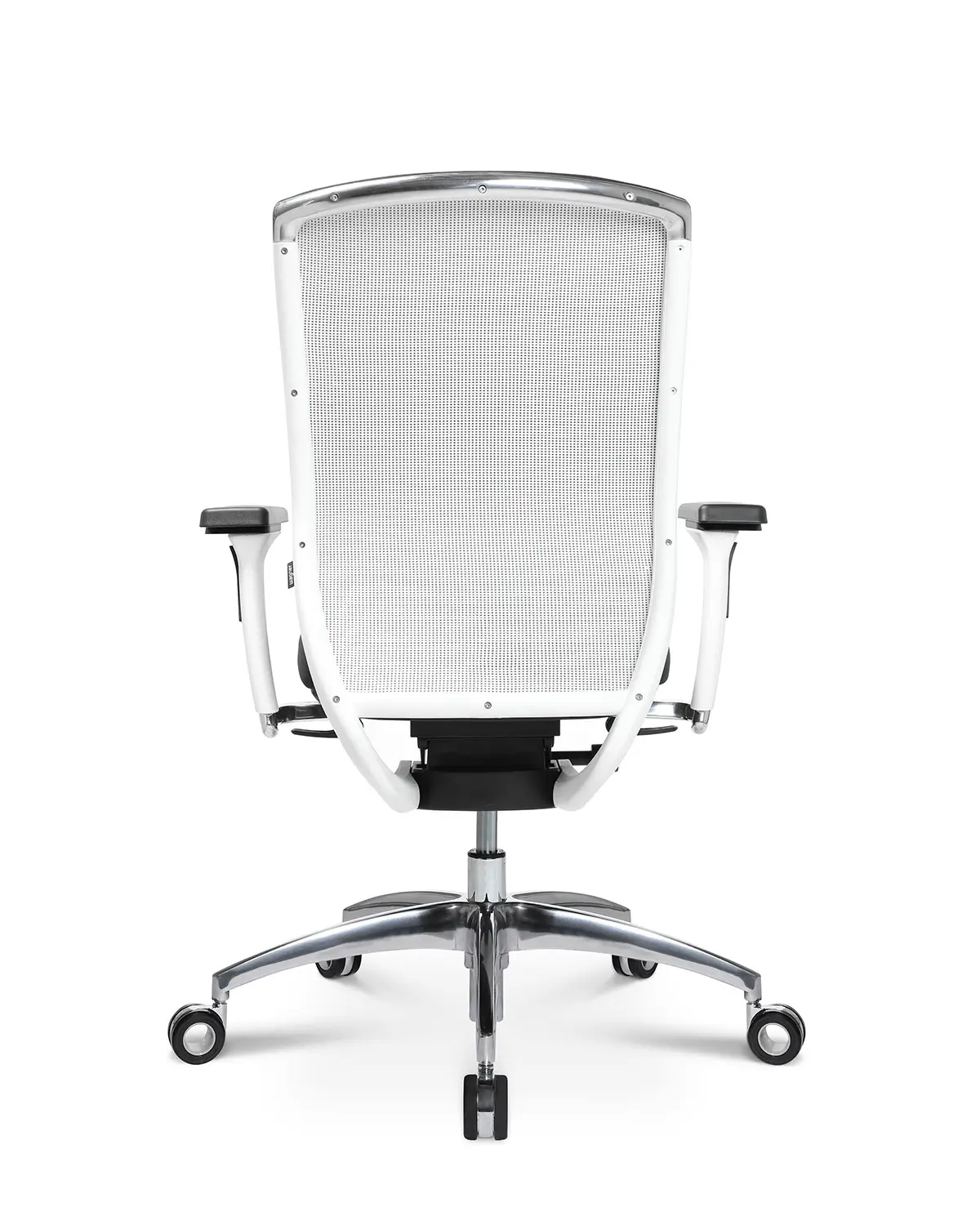 Rückansicht des Wagner Titan 20 Bürostuhls mit weißem Rahmen und ergonomischer Rückenlehne