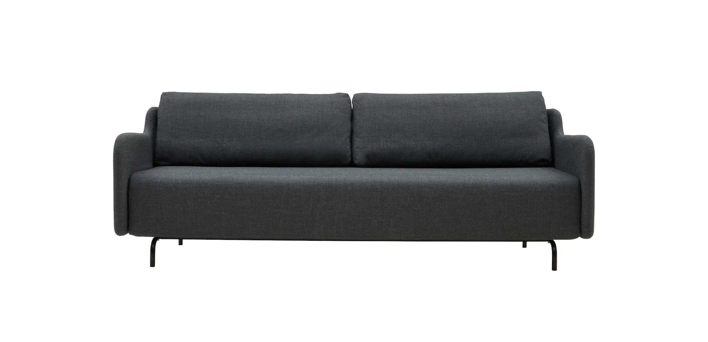 Softline Venus Sofa in Anthrazit aus vorderer Perspektive mit zwei Rückenkissen, gepolsterten Armlehnen und schlanken schwarzen Füßen.