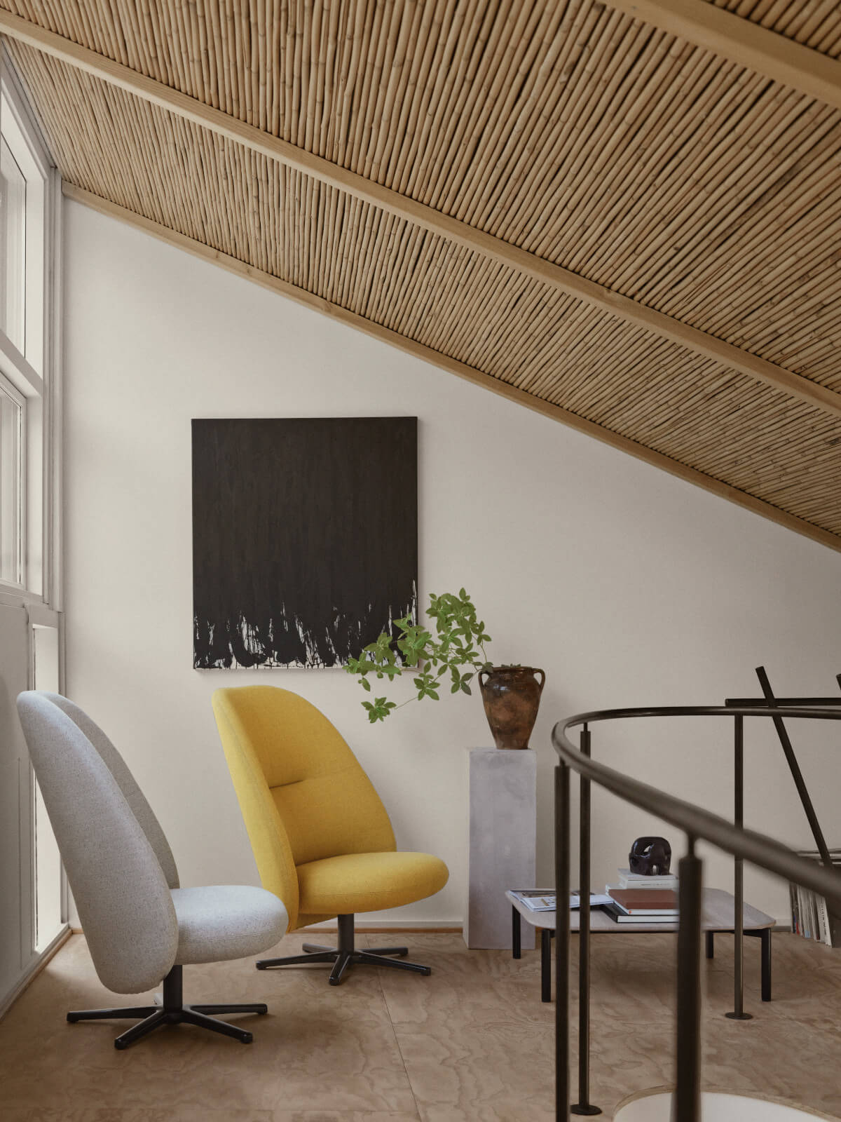 Rufle Drehsessel hoch von Softline, ergonomischer Sessel mit hoher Rückenlehne für Wohn- und Loungebereiche