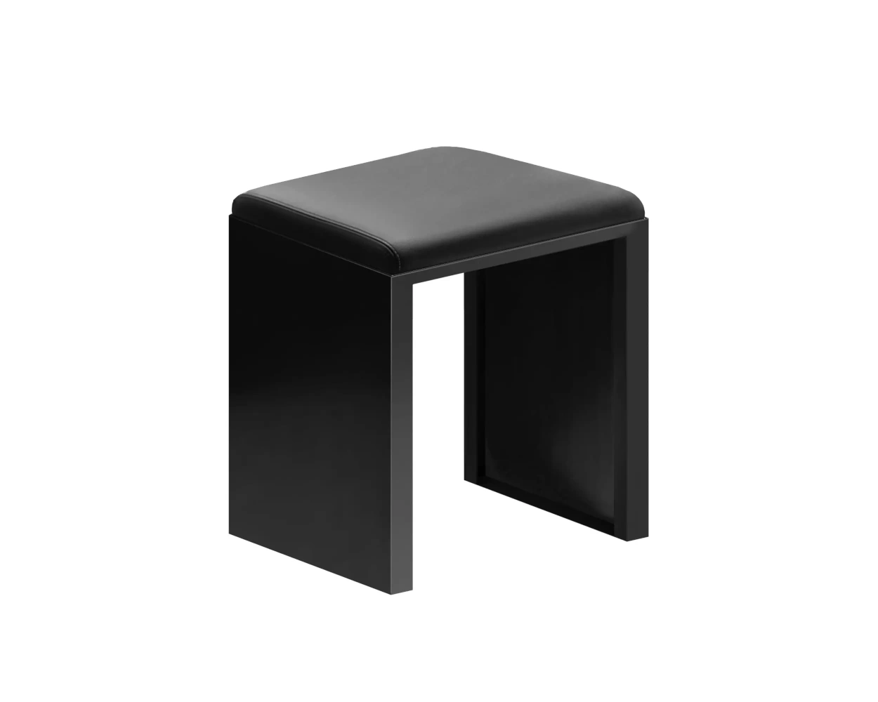 Zeus Irony Pad Hocker mit kupferschwarzem Stahlgestell und schwarzem Lederpolster.