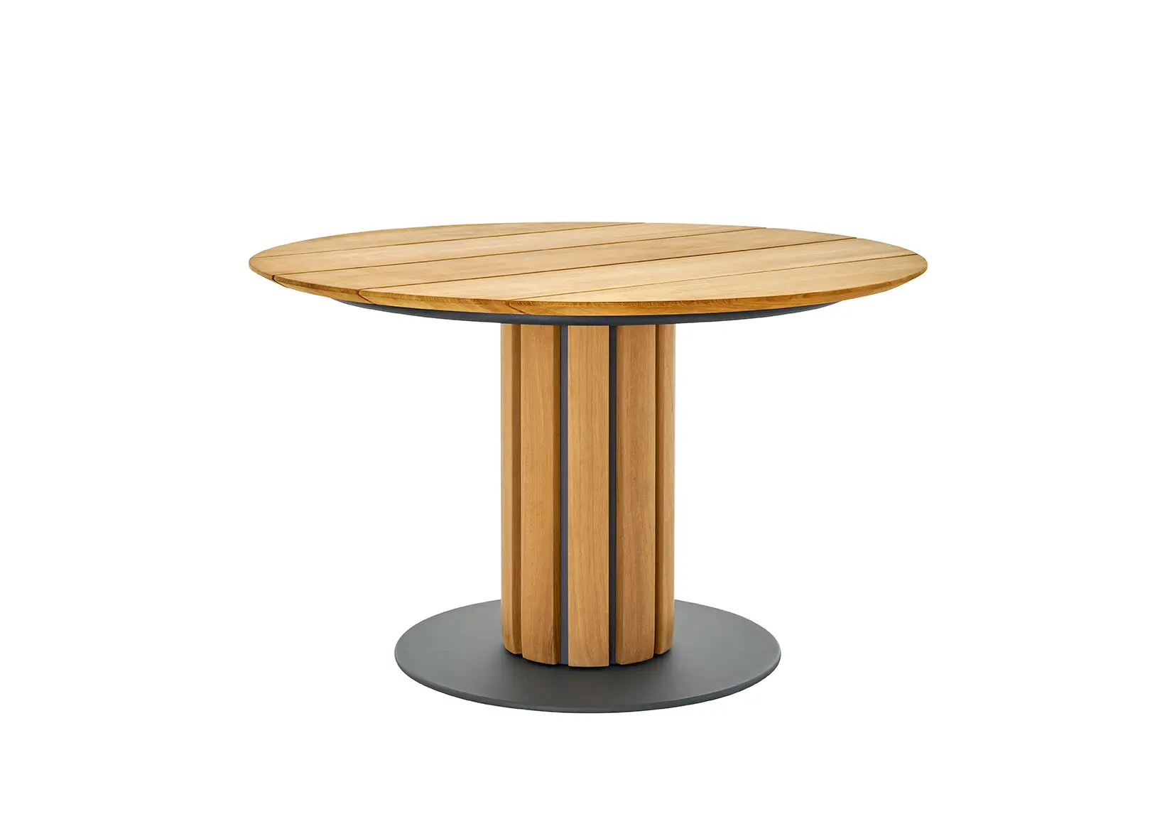 Weishäupl Teva Tisch Ø 120 cm mit massiver Teakholzplatte und Mittelsäulengestell. Hochwertiger Design-Esstisch für Garten, Terrasse und Wohnbereich.