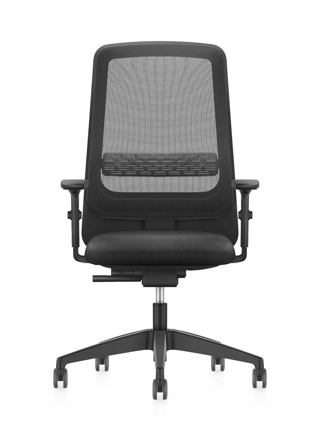Interstuhl 172II Bürostuhl in Schwarz mit Netzrücken und Armlehnen in Frontalansicht