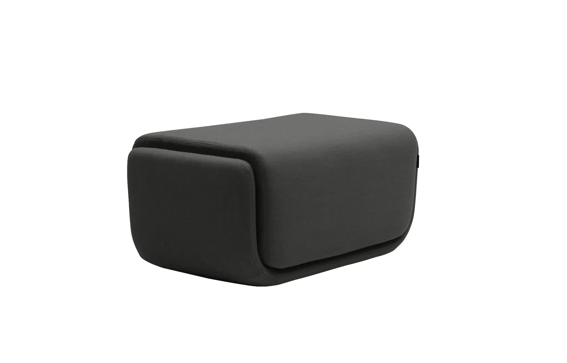 Softline Basket Hocker Small in Anthrazit aus seitlicher Perspektive mit kompakter, abgerundeter und gepolsterter Form.