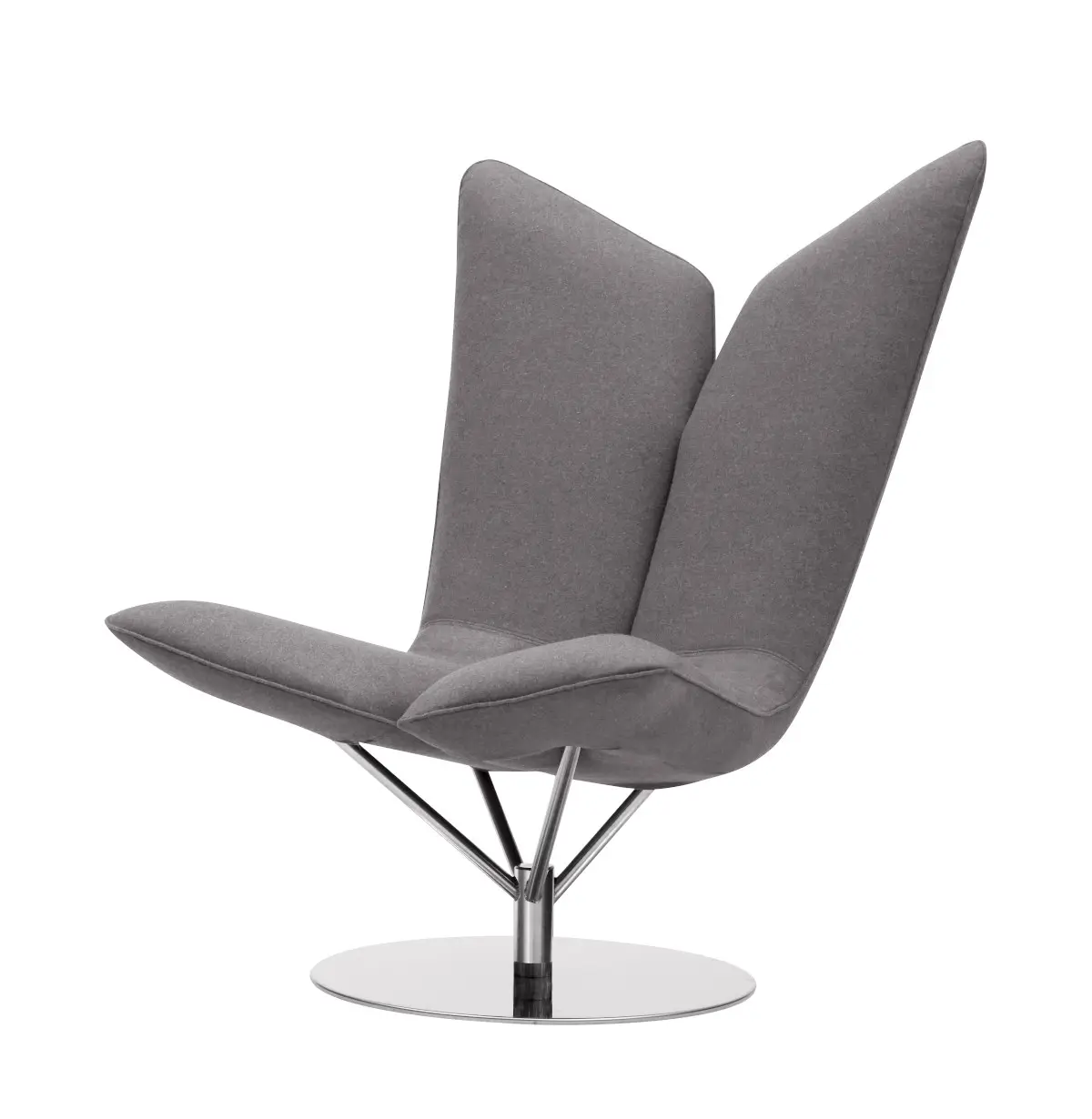 Softline Angel Drehsessel in Grau aus seitlicher Perspektive mit zweigeteilter hoher Rückenlehne, gepolsterter Sitzfläche und rundem Metallfuß.