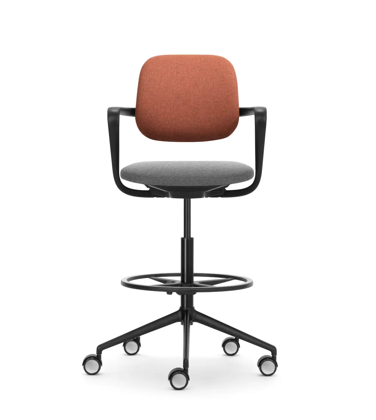 Girsberger Ategra High Stool mit Fußring, Rollen und ergonomischer Sitzfläche für hohe Arbeitsplätze.