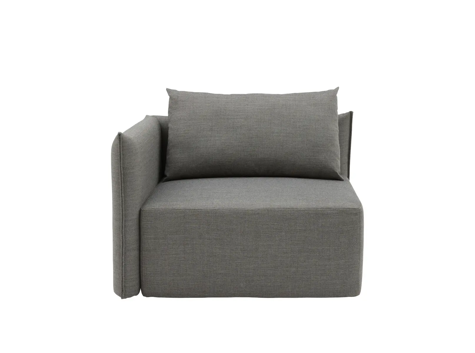 Softline Cape Sofa Armelement links in Grau in gerader Vorderansicht mit gepolsterter Sitzfläche, seitlichen Armlehnen und großem Rückenkissen.
